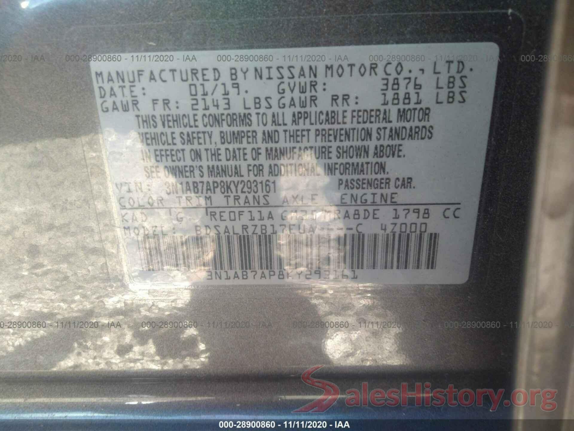 3N1AB7AP8KY293161 2019 NISSAN SENTRA