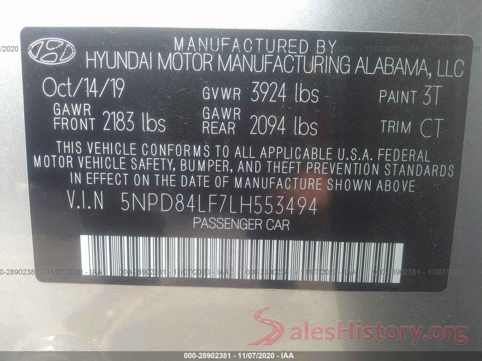 5NPD84LF7LH553494 2020 HYUNDAI ELANTRA