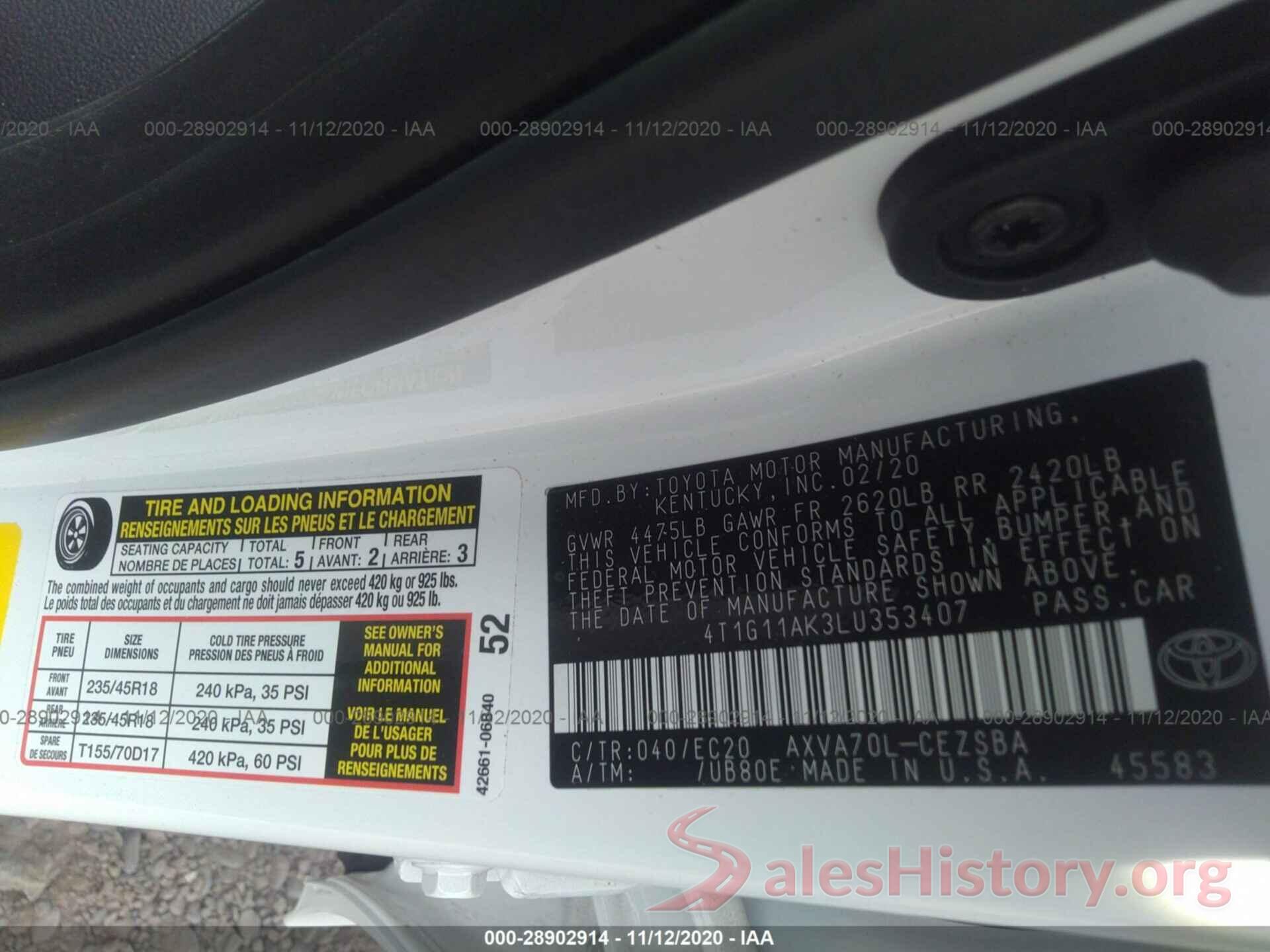 4T1G11AK3LU353407 2020 TOYOTA CAMRY