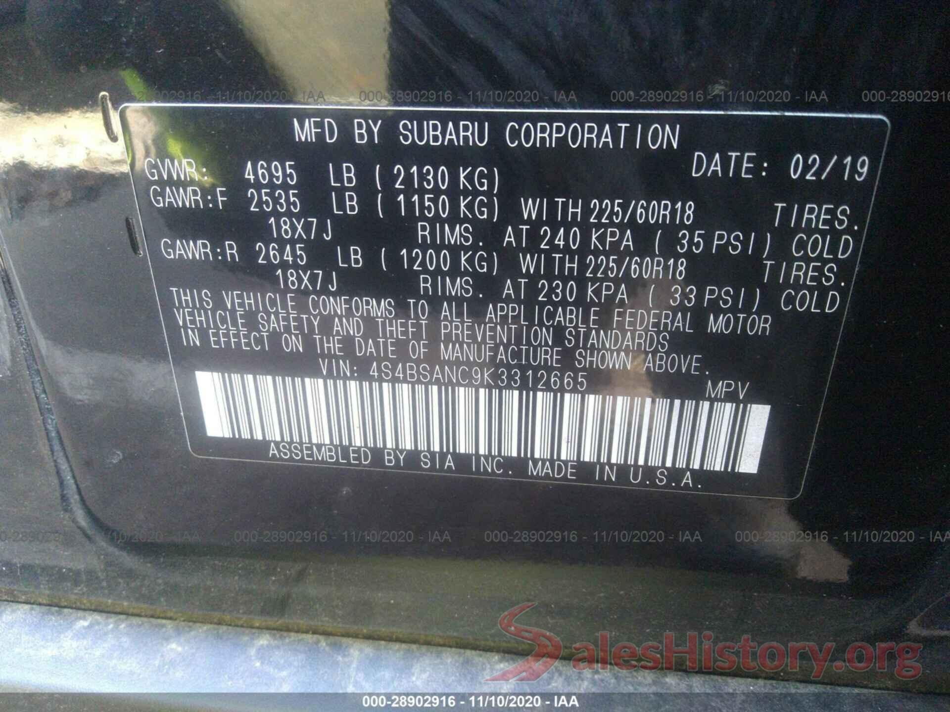 4S4BSANC9K3312665 2019 SUBARU OUTBACK