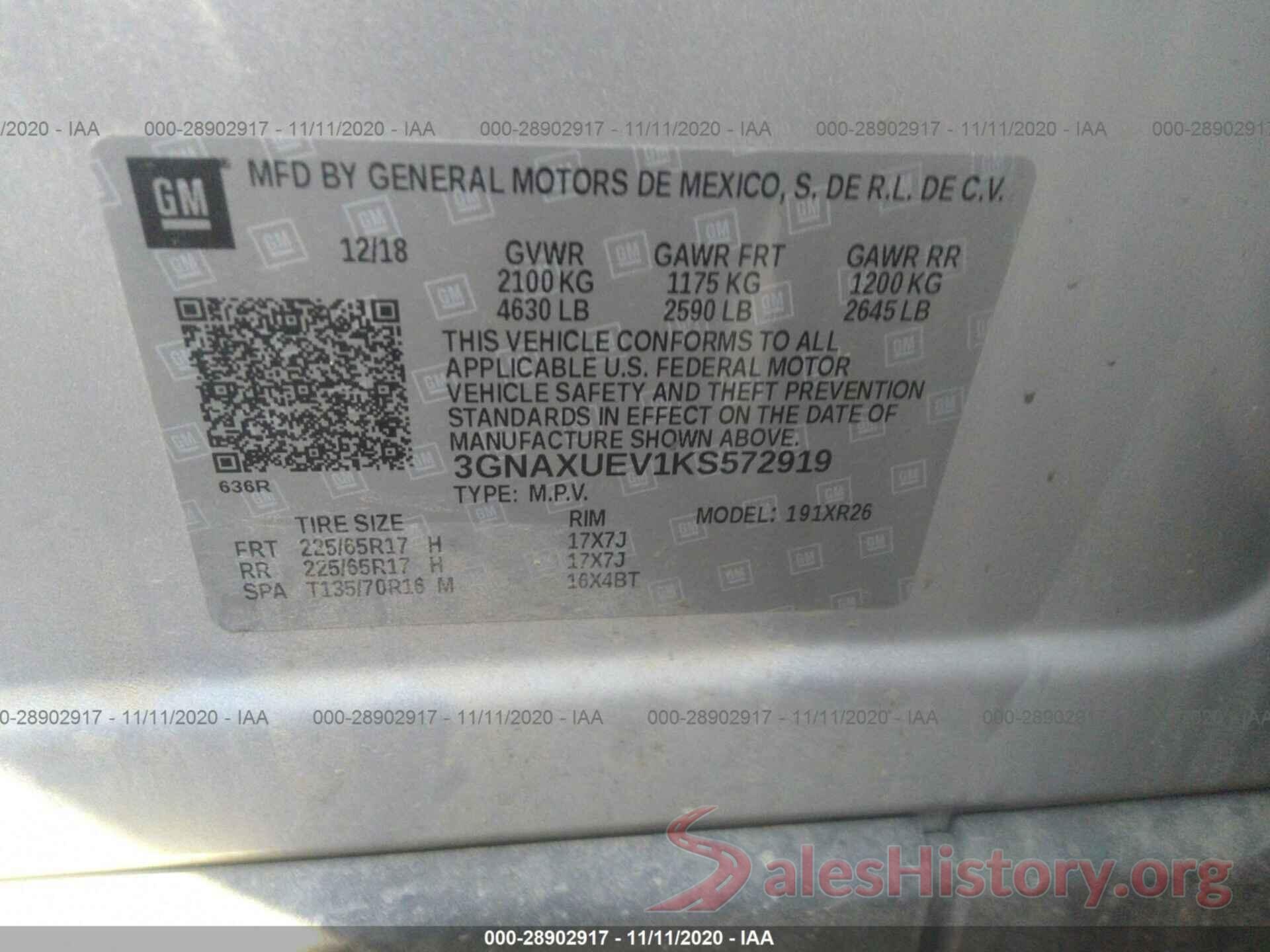 3GNAXUEV1KS572919 2019 CHEVROLET EQUINOX