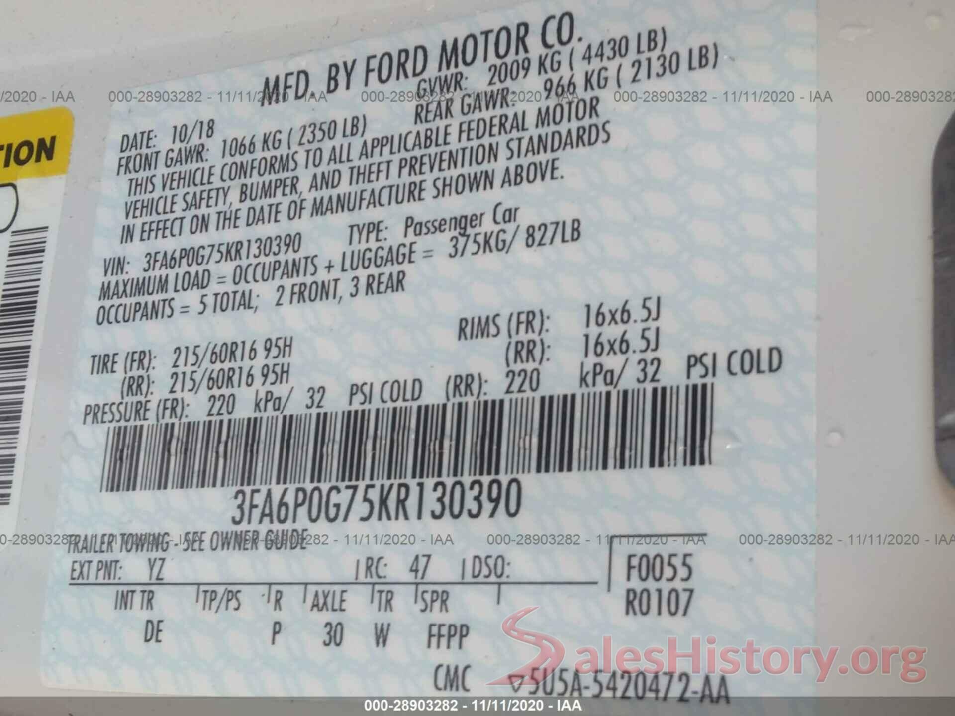 3FA6P0G75KR130390 2019 FORD FUSION