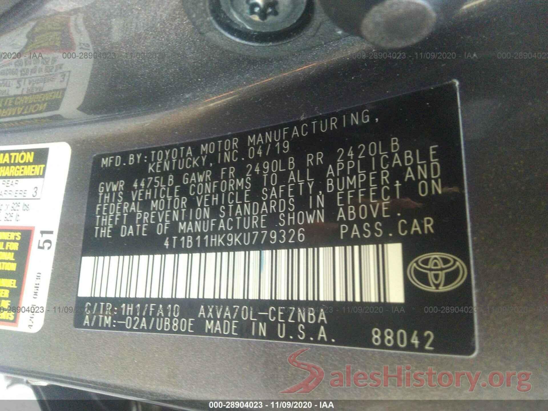 4T1B11HK9KU779326 2019 TOYOTA CAMRY