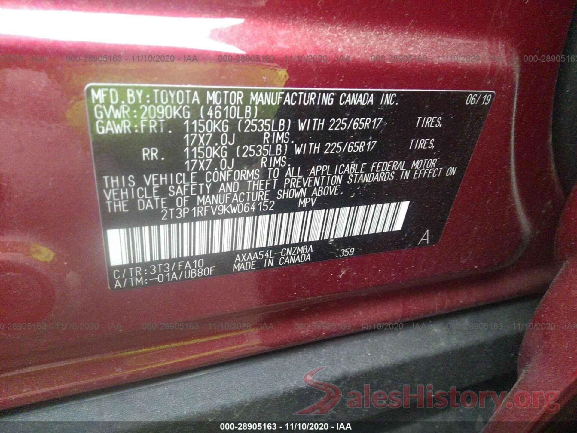 2T3P1RFV9KW064152 2019 TOYOTA RAV4