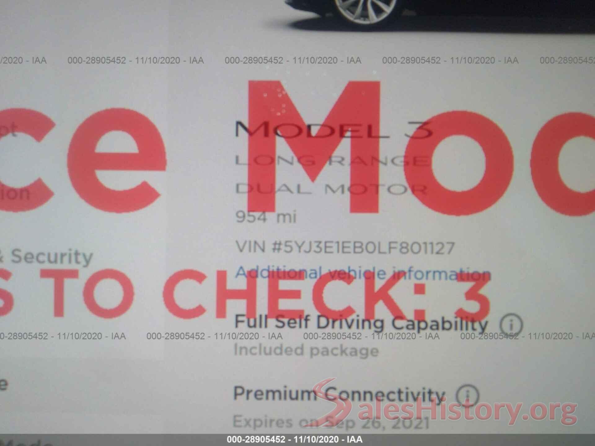 5YJ3E1EB0LF801127 2020 TESLA MODEL 3