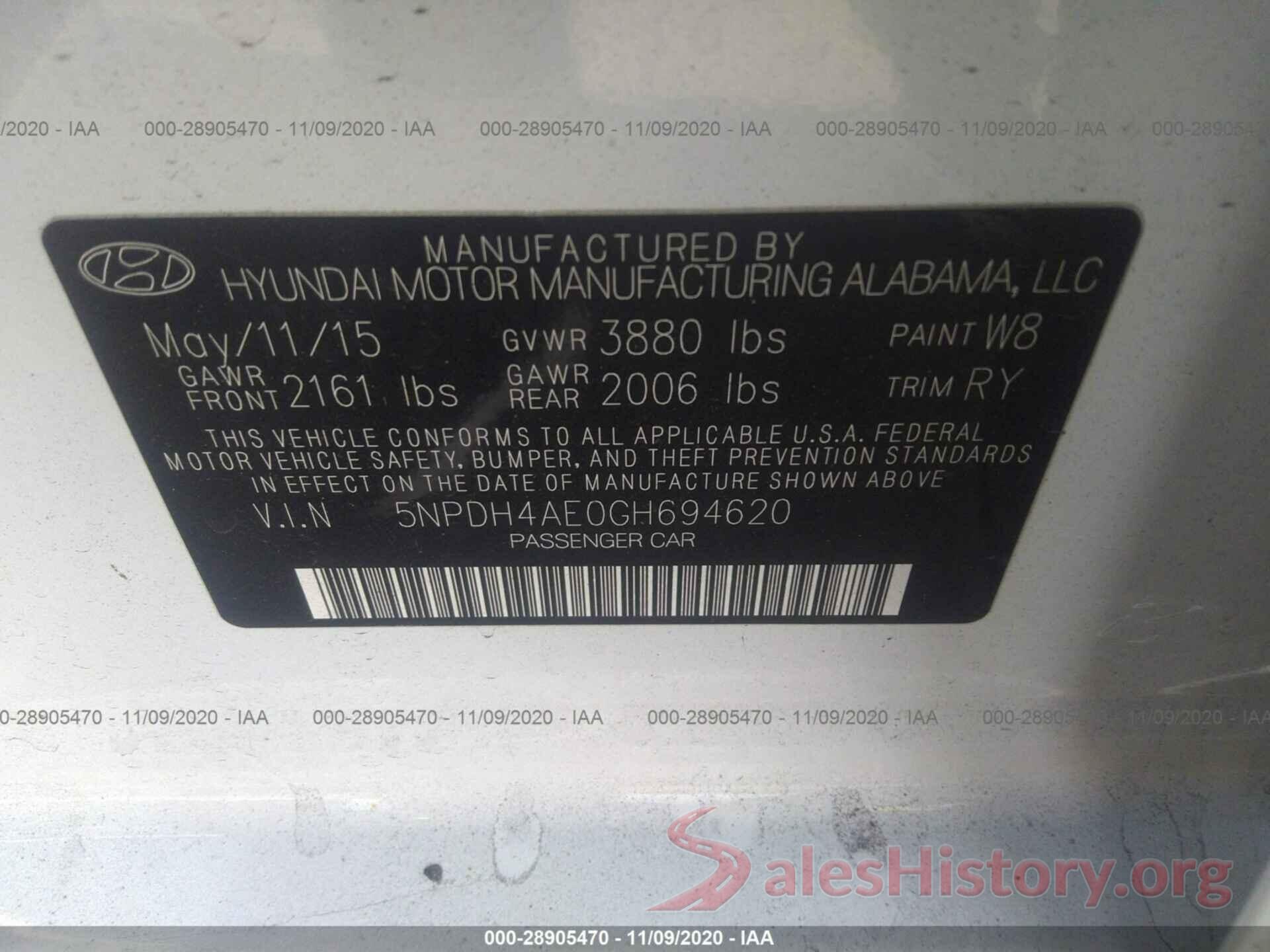 5NPDH4AE0GH694620 2016 HYUNDAI ELANTRA