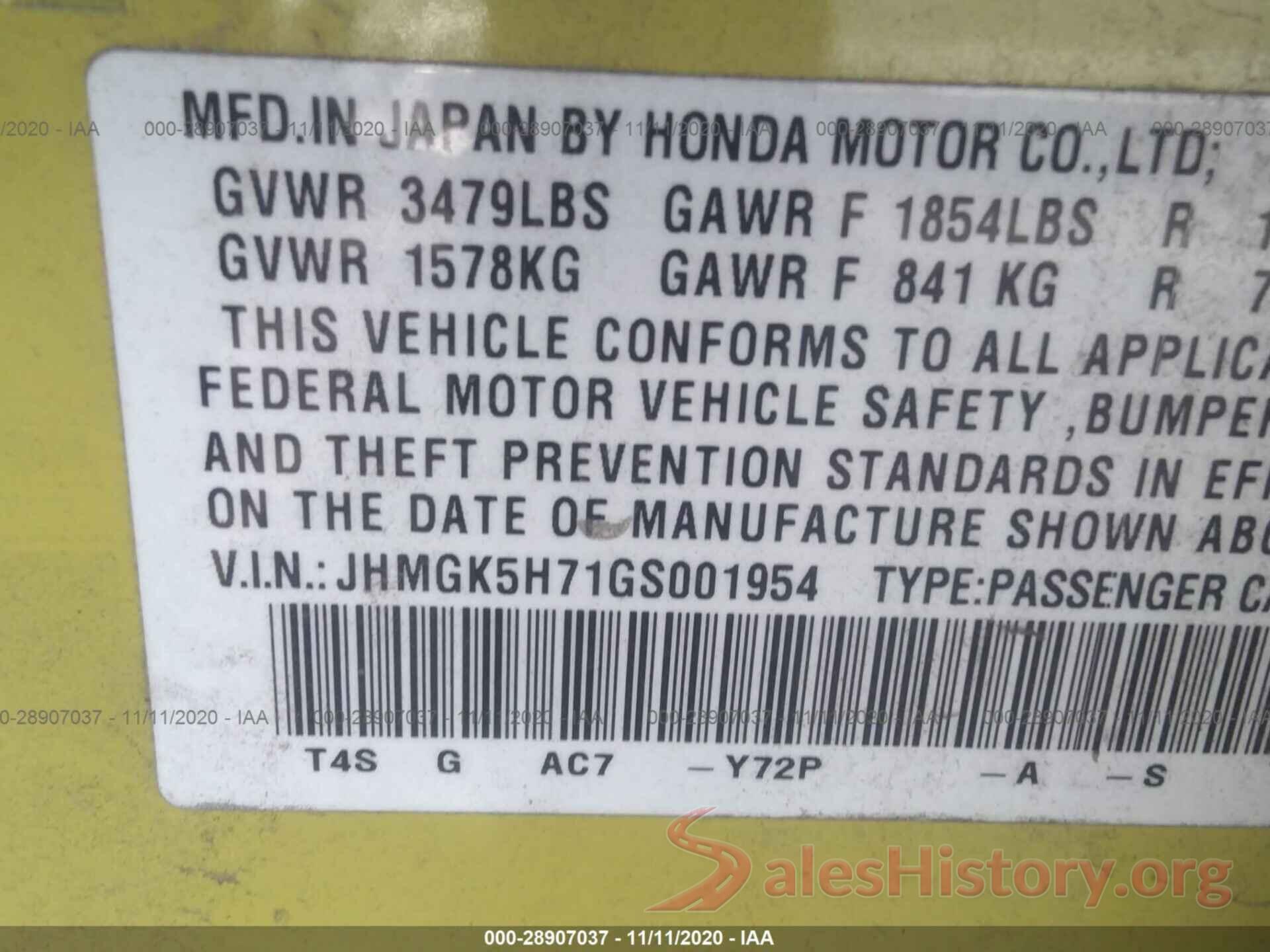 JHMGK5H71GS001954 2016 HONDA FIT