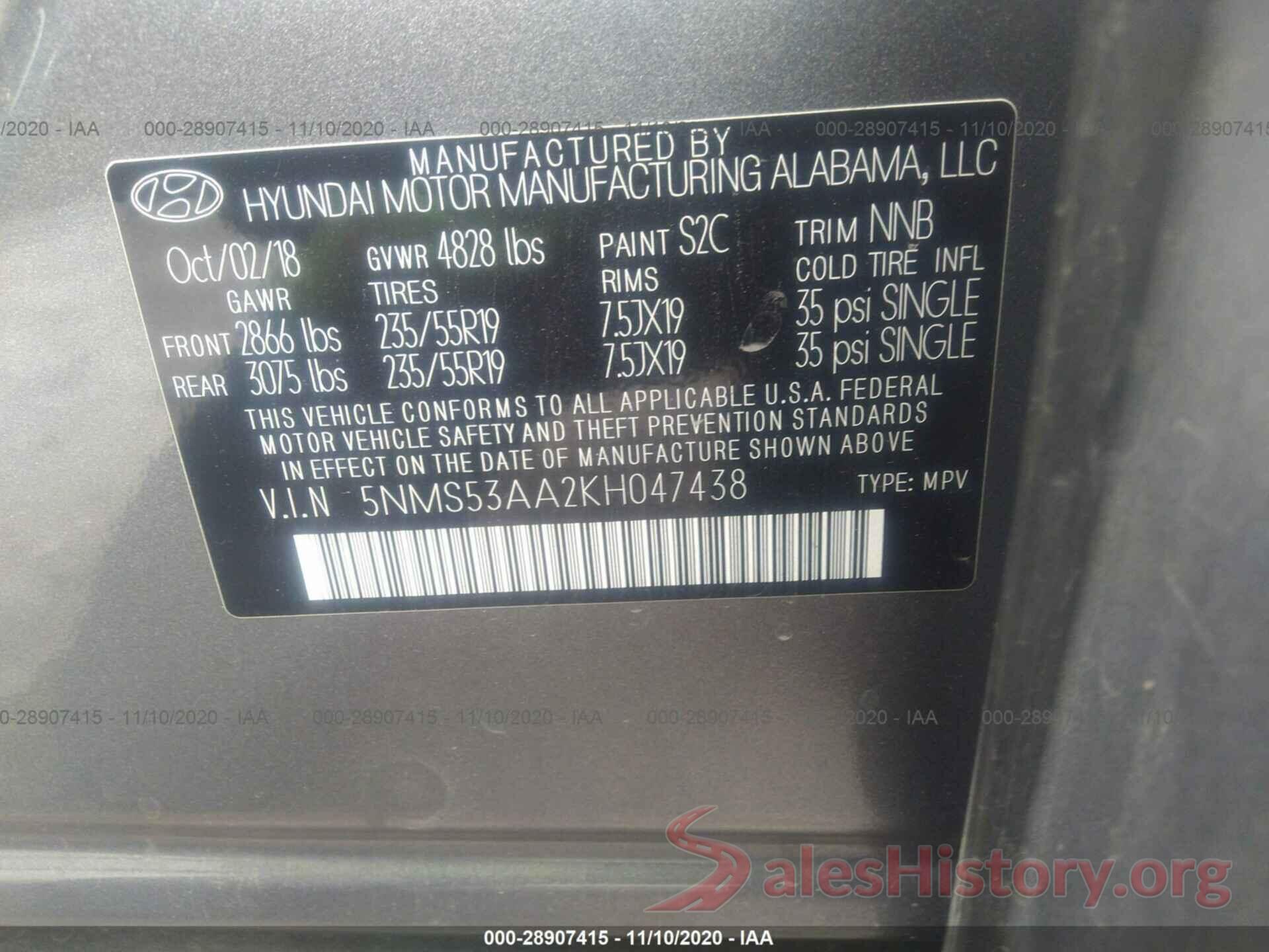 5NMS53AA2KH047438 2019 HYUNDAI SANTA FE