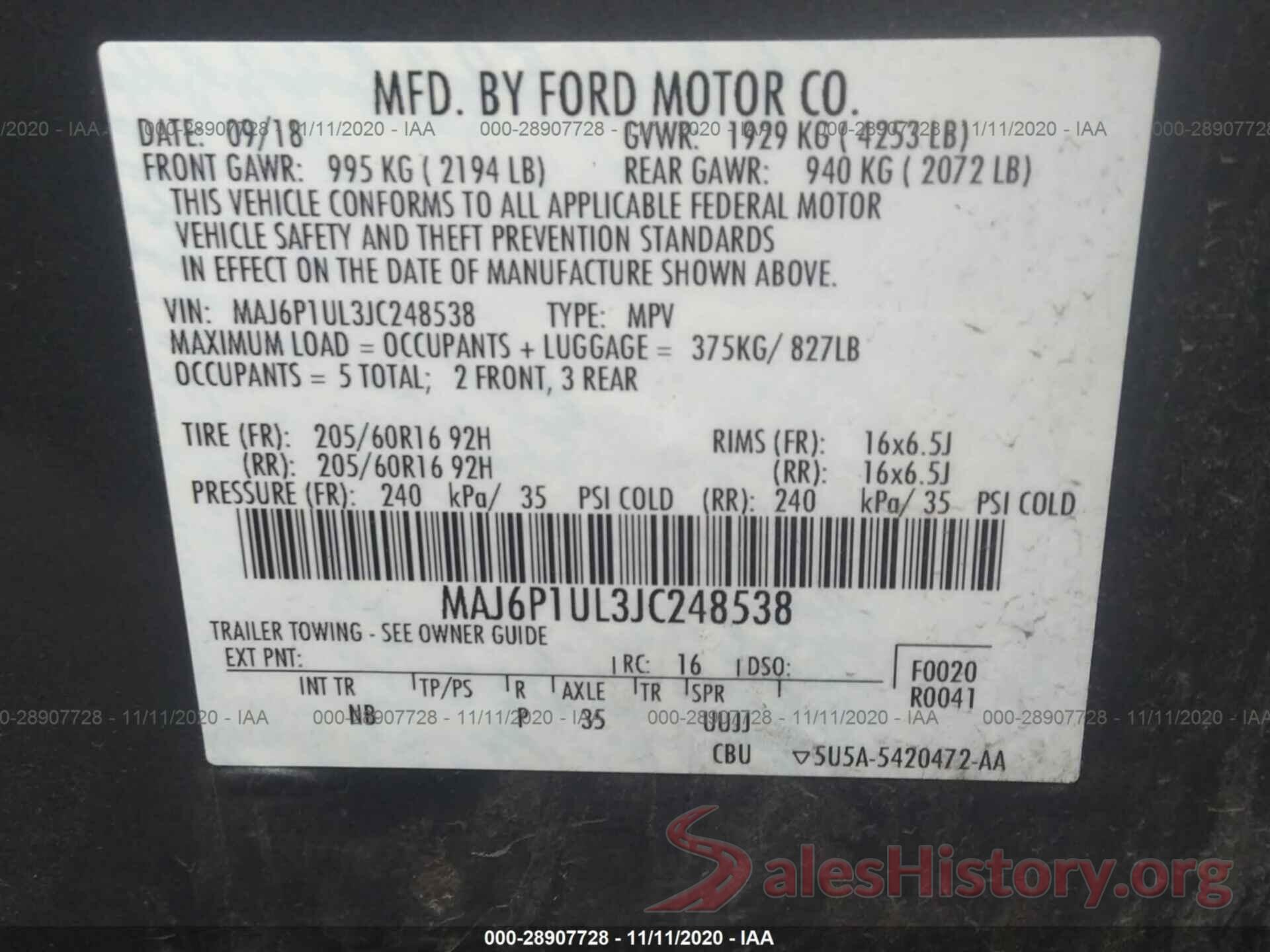 MAJ6P1UL3JC248538 2018 FORD ECOSPORT