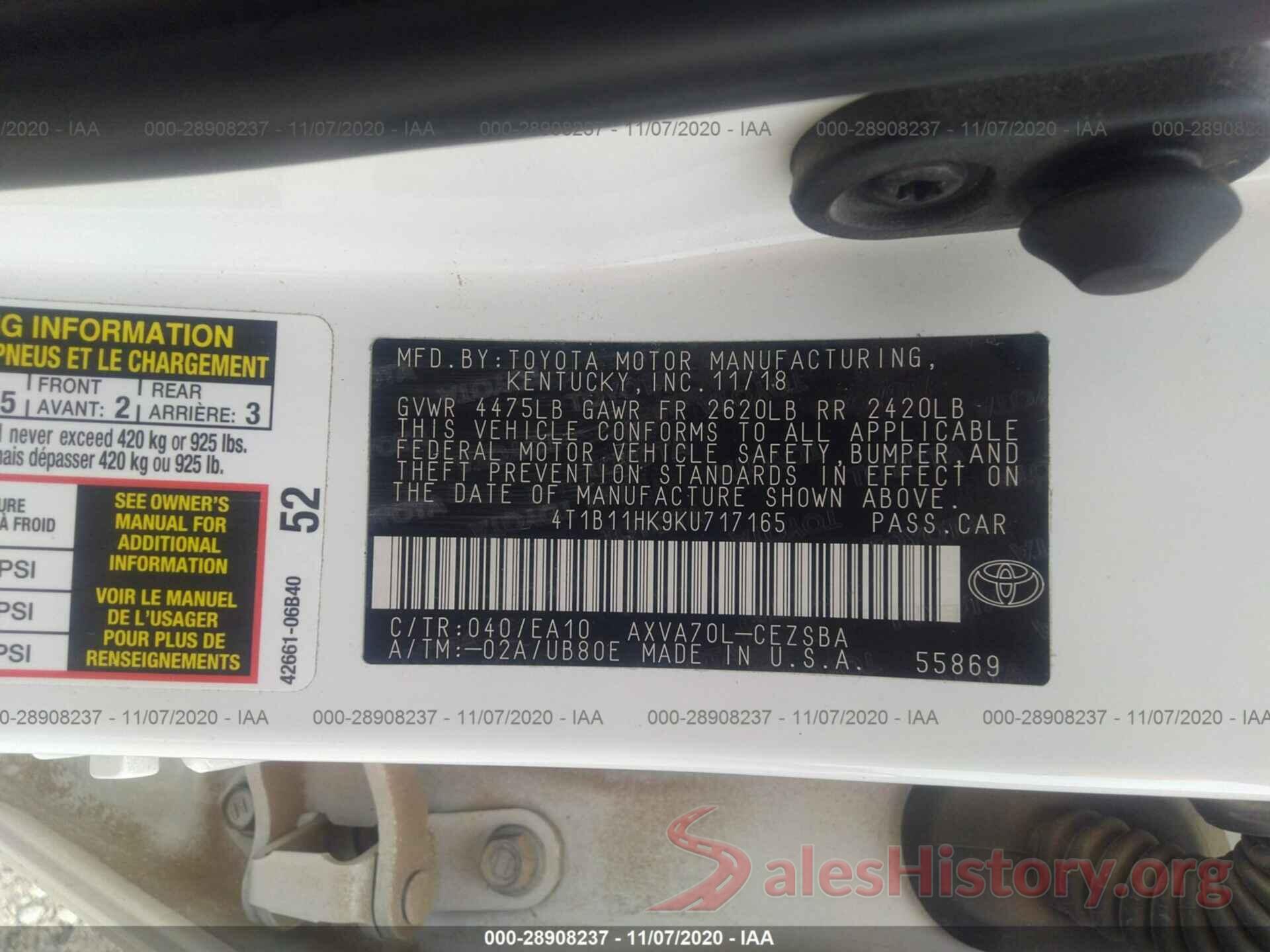 4T1B11HK9KU717165 2019 TOYOTA CAMRY