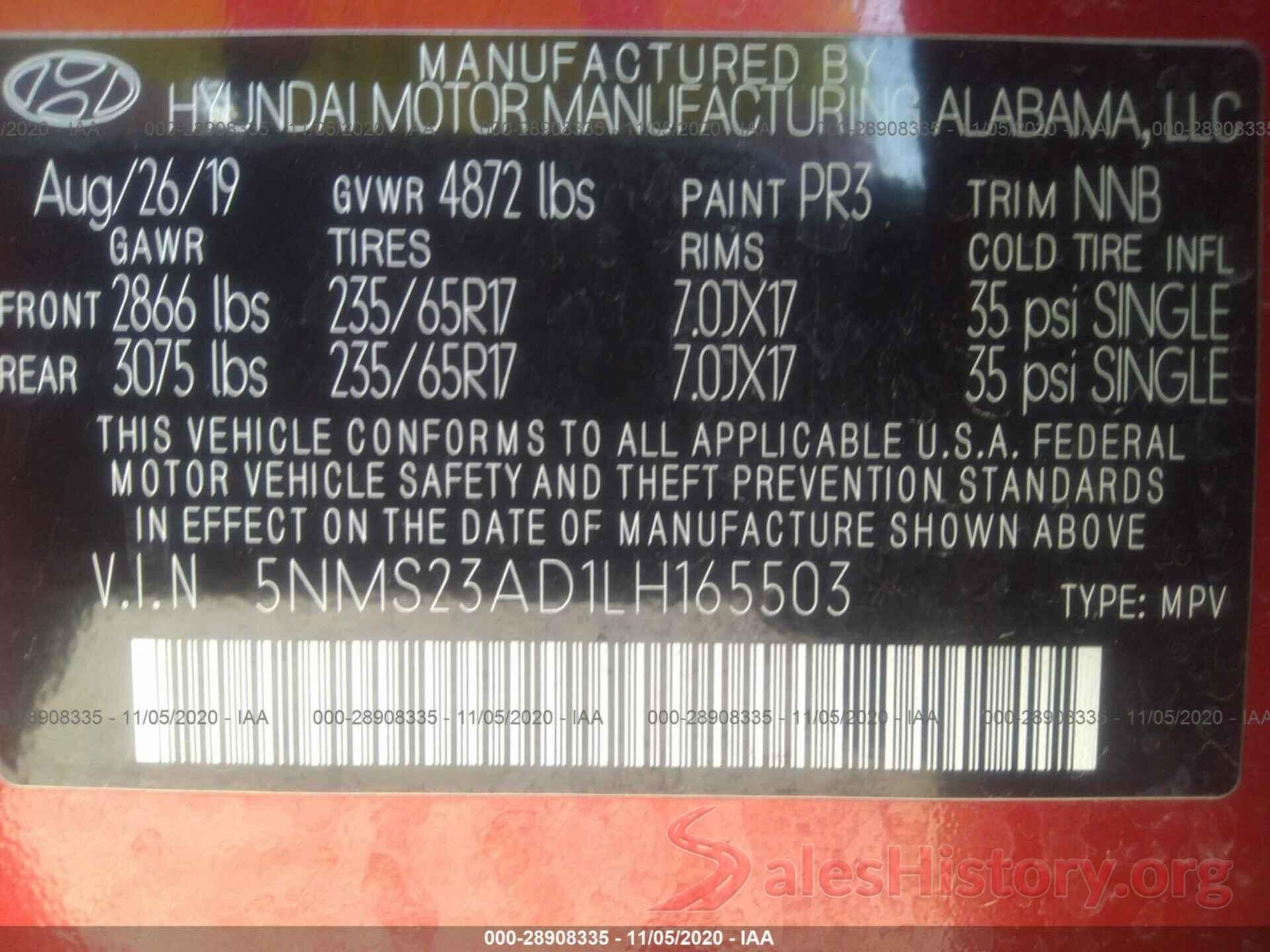 5NMS23AD1LH165503 2020 HYUNDAI SANTA FE