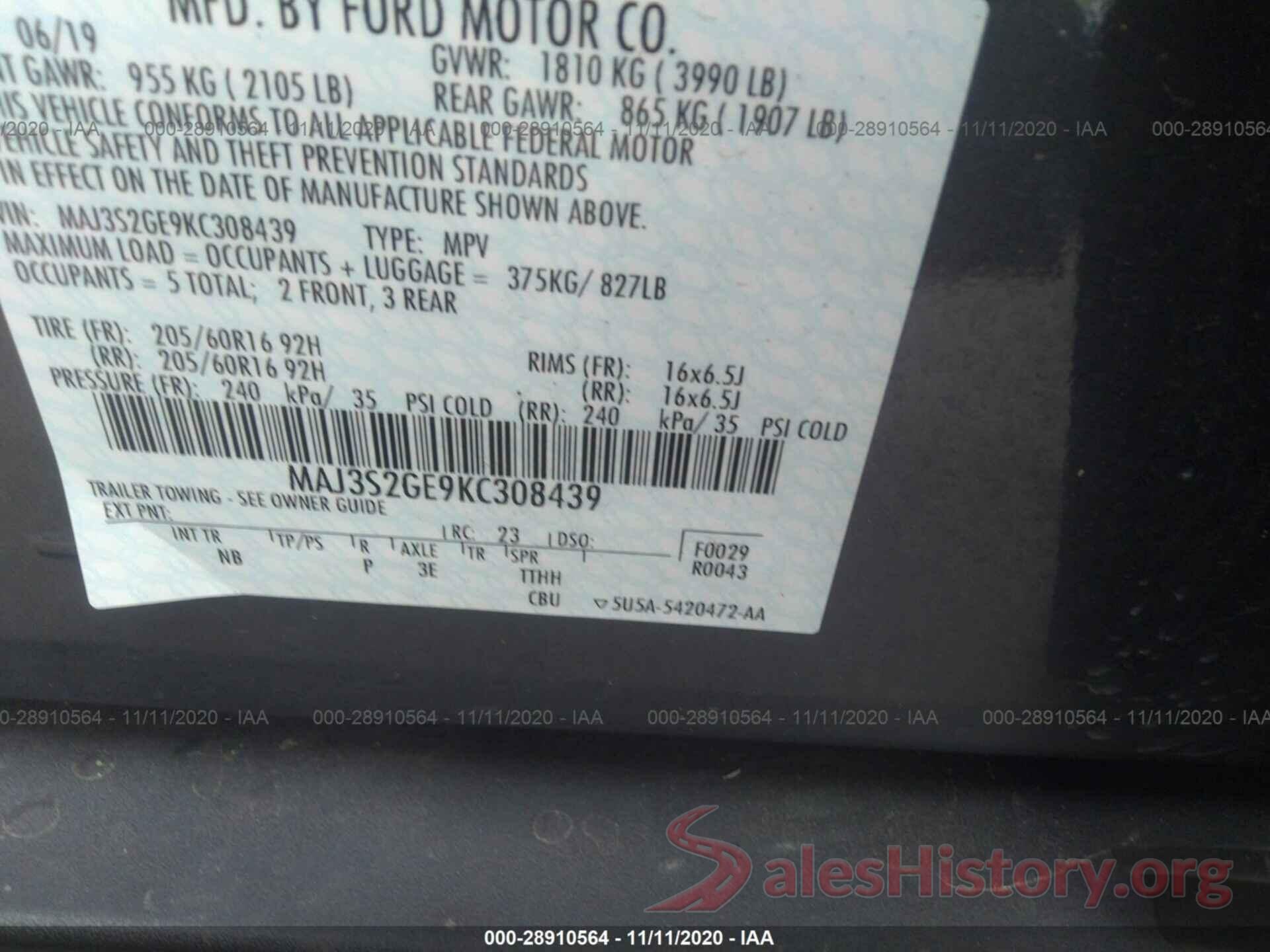 MAJ3S2GE9KC308439 2019 FORD ECOSPORT