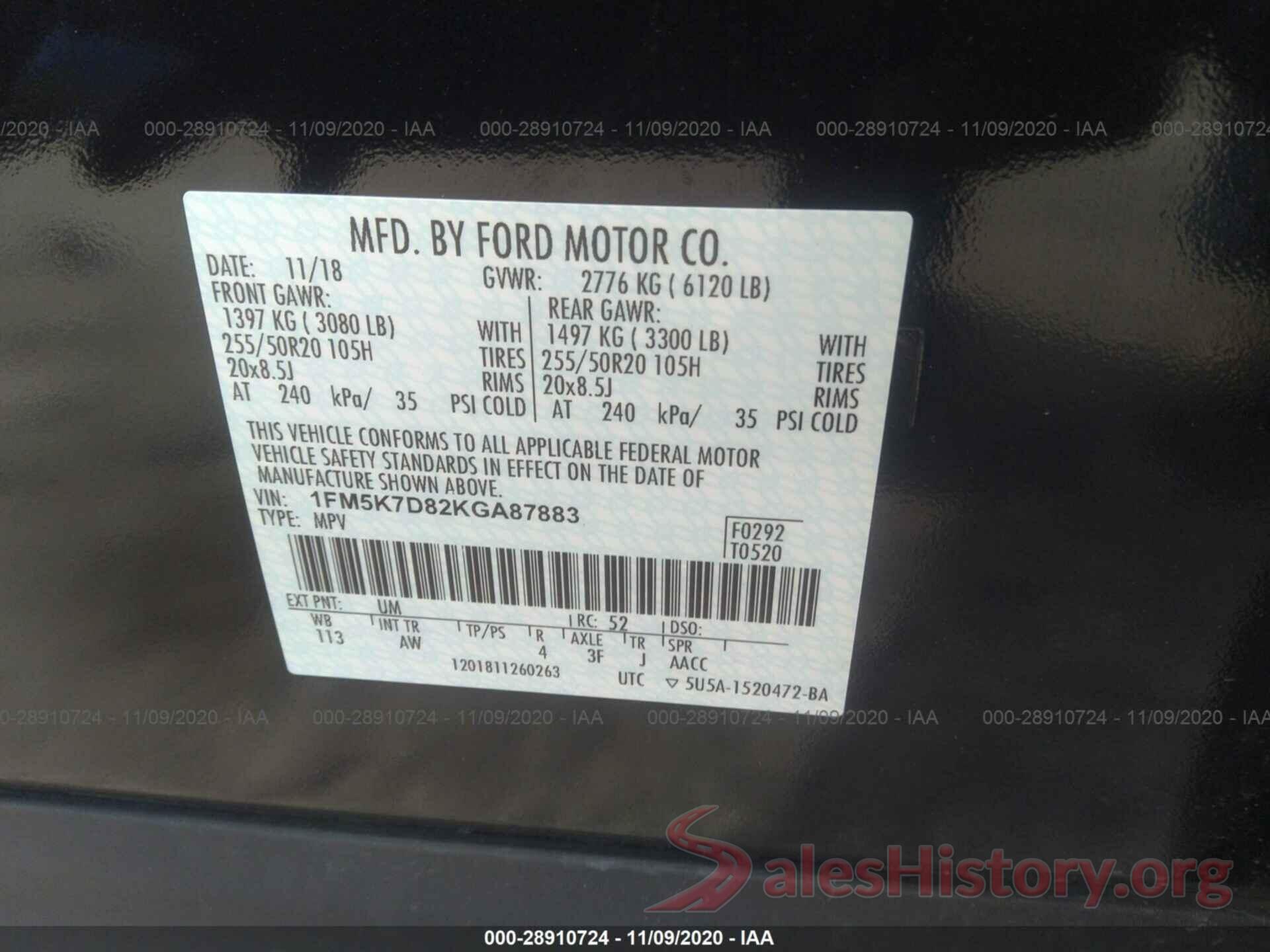 1FM5K7D82KGA87883 2019 FORD EXPLORER