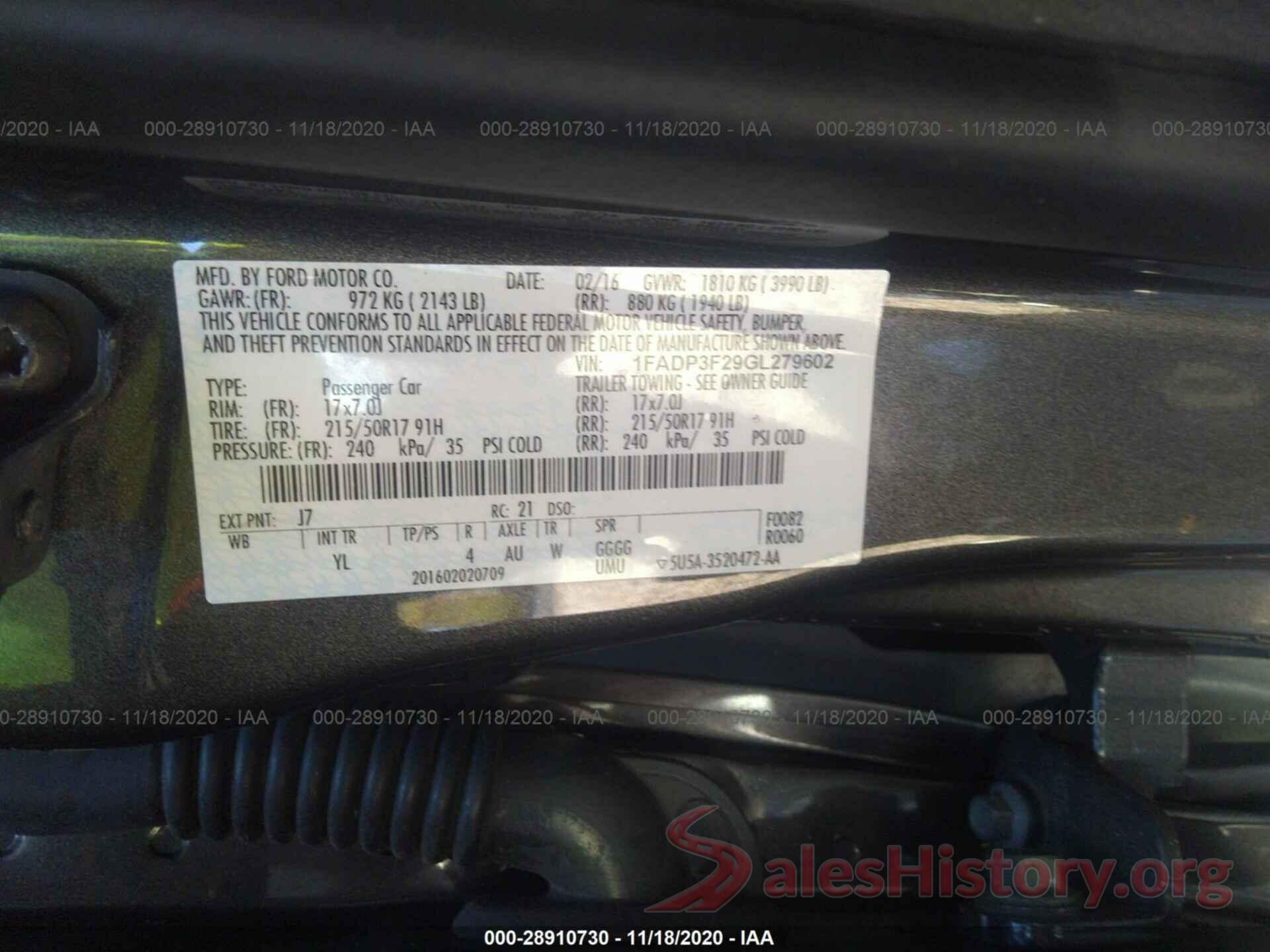 1FADP3F29GL279602 2016 FORD FOCUS