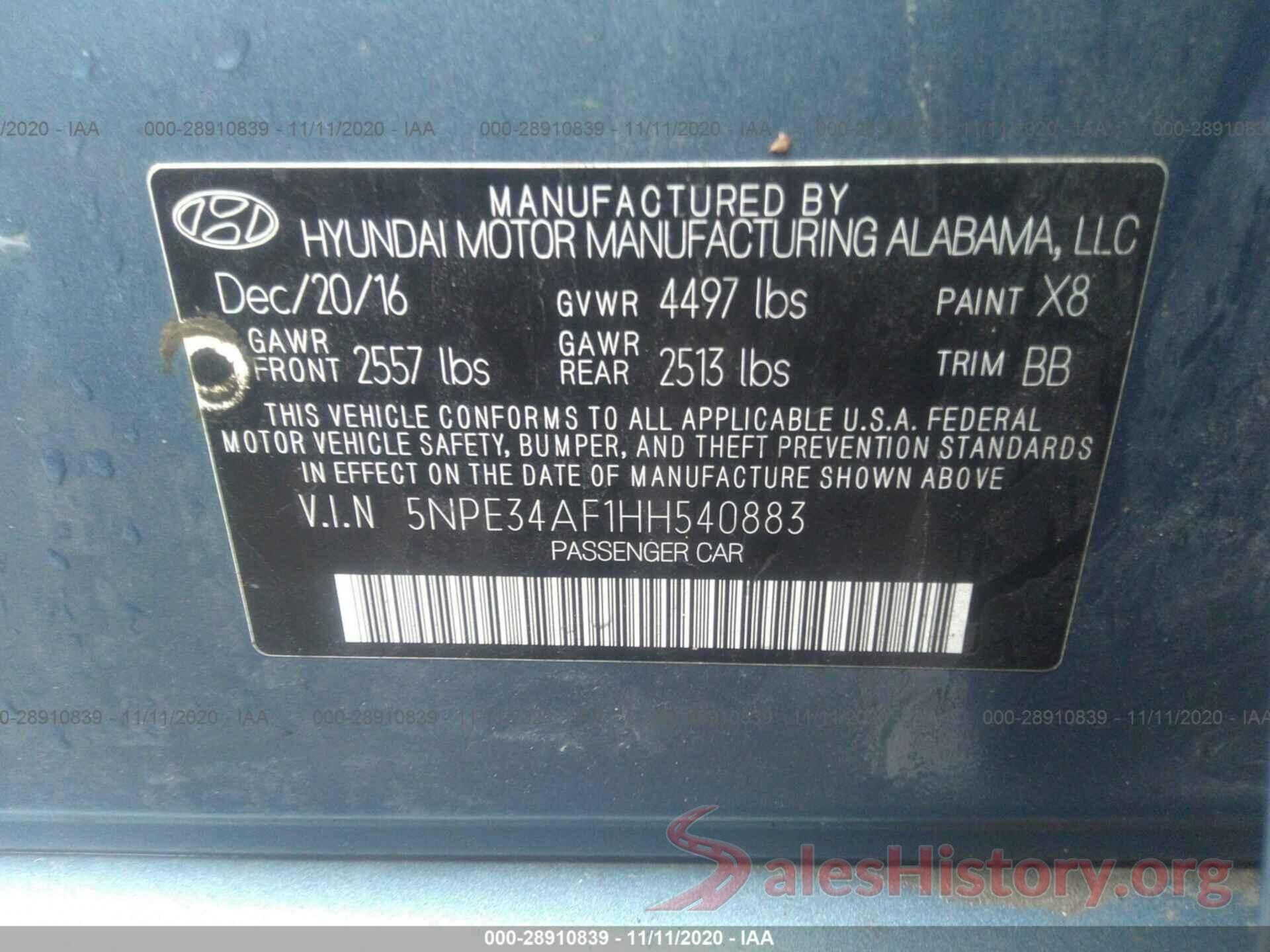 5NPE34AF1HH540883 2017 HYUNDAI SONATA