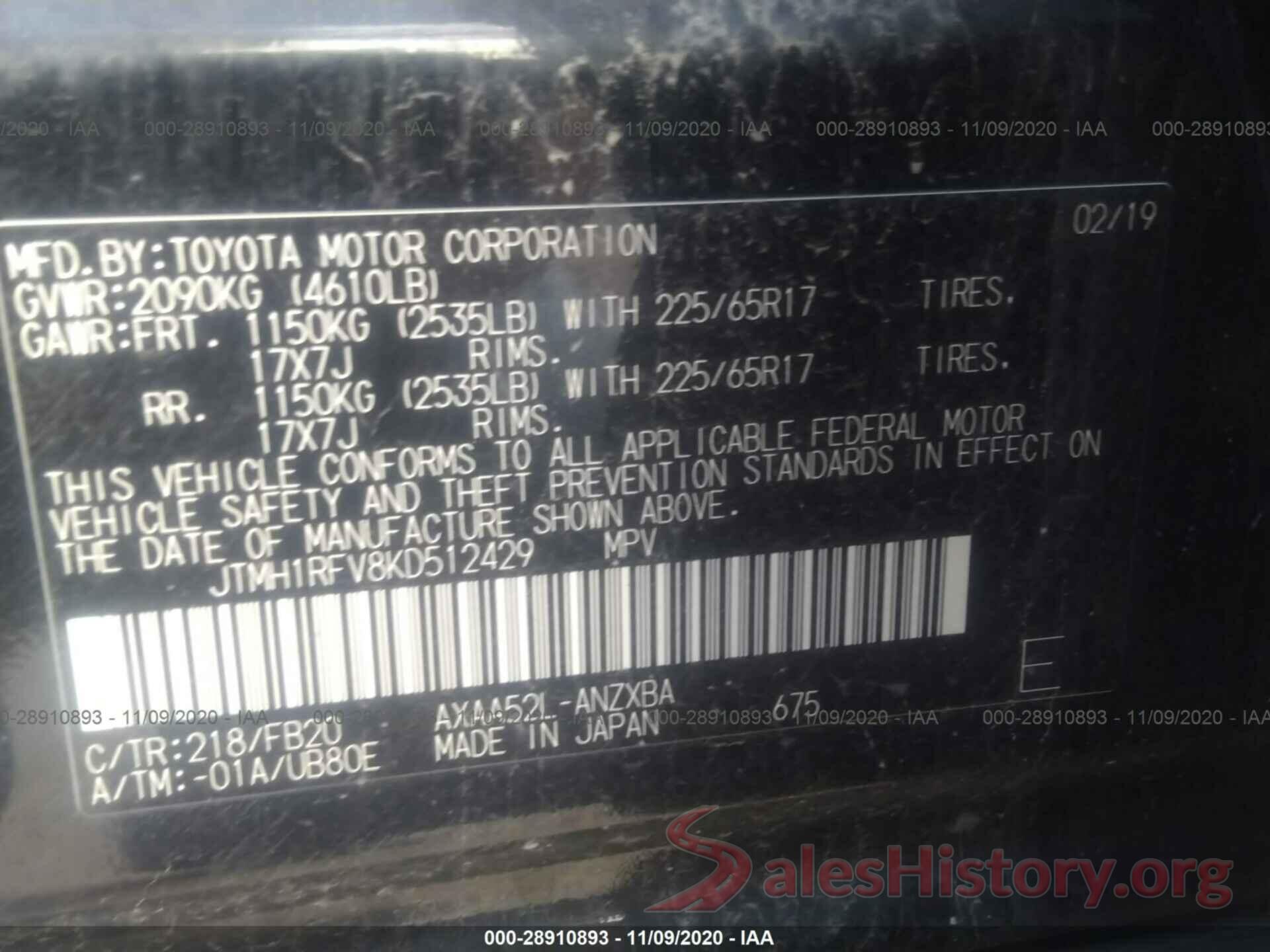 JTMH1RFV8KD512429 2019 TOYOTA RAV4