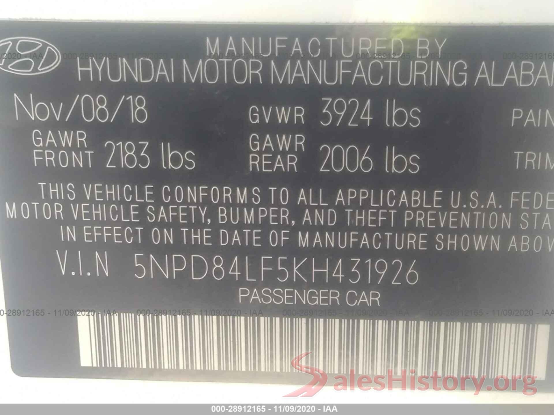 5NPD84LF5KH431926 2019 HYUNDAI ELANTRA