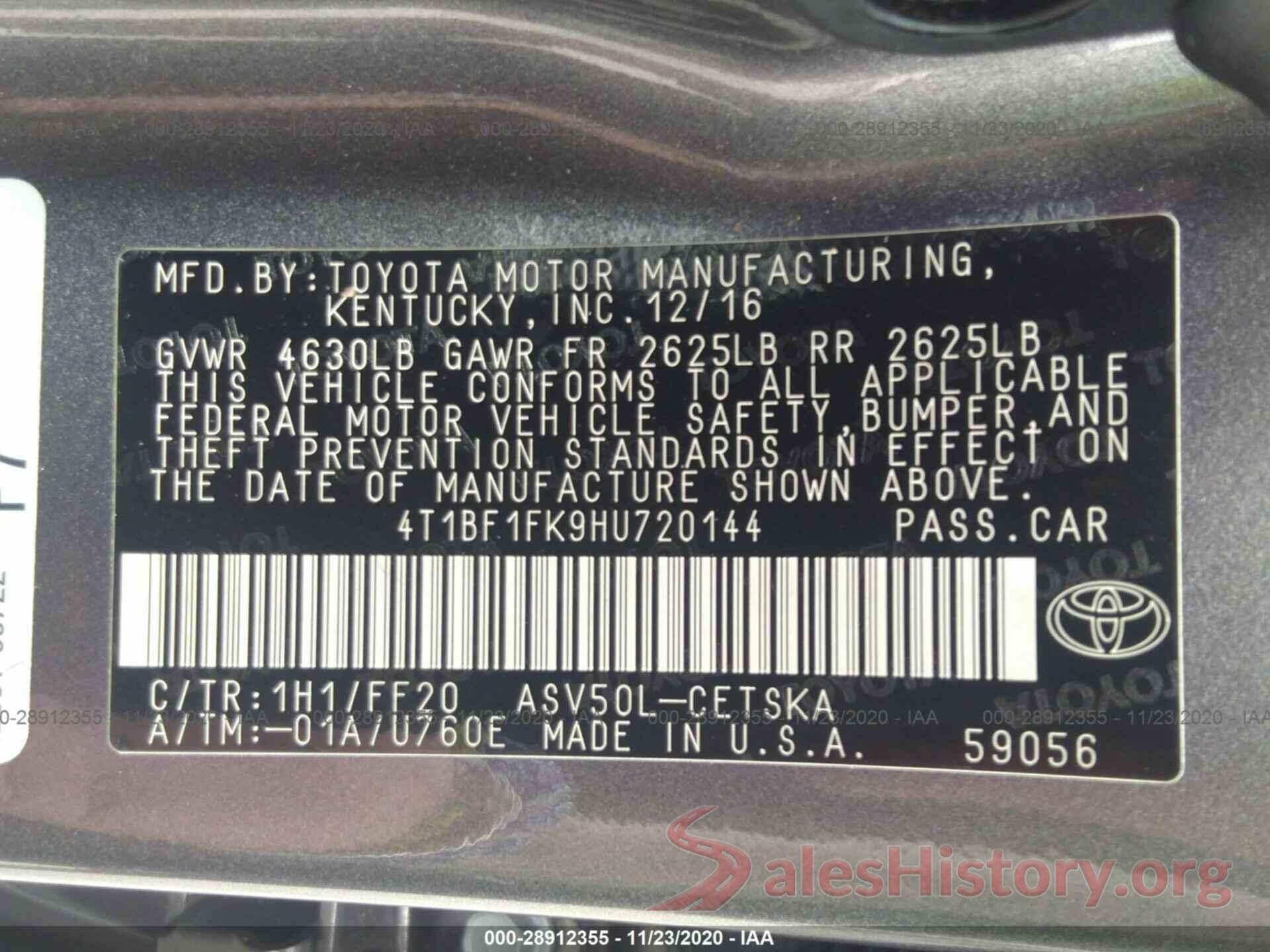 4T1BF1FK9HU720144 2017 TOYOTA CAMRY