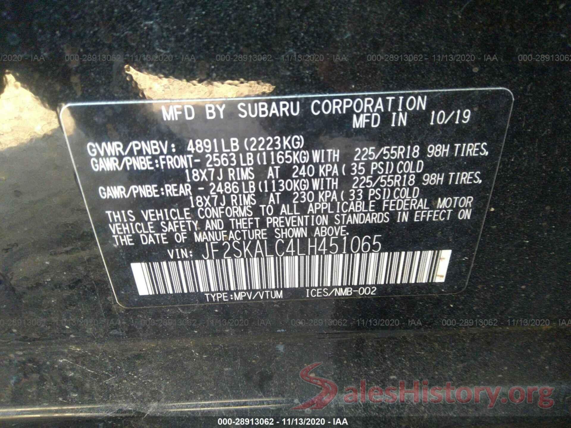 JF2SKALC4LH451065 2020 SUBARU FORESTER