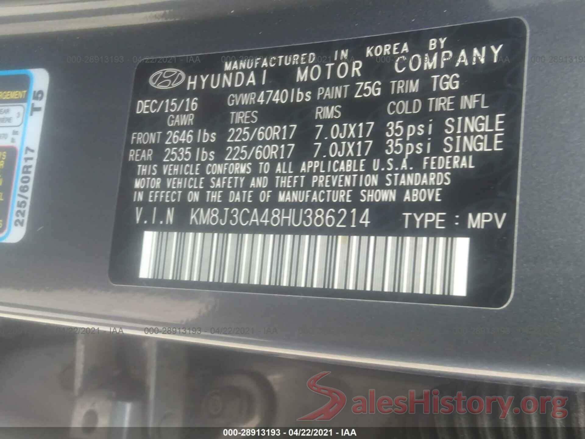 KM8J3CA48HU386214 2017 HYUNDAI TUCSON