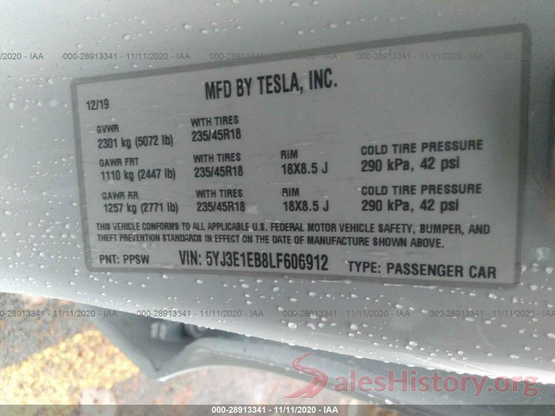 5YJ3E1EB8LF606912 2020 TESLA MODEL 3