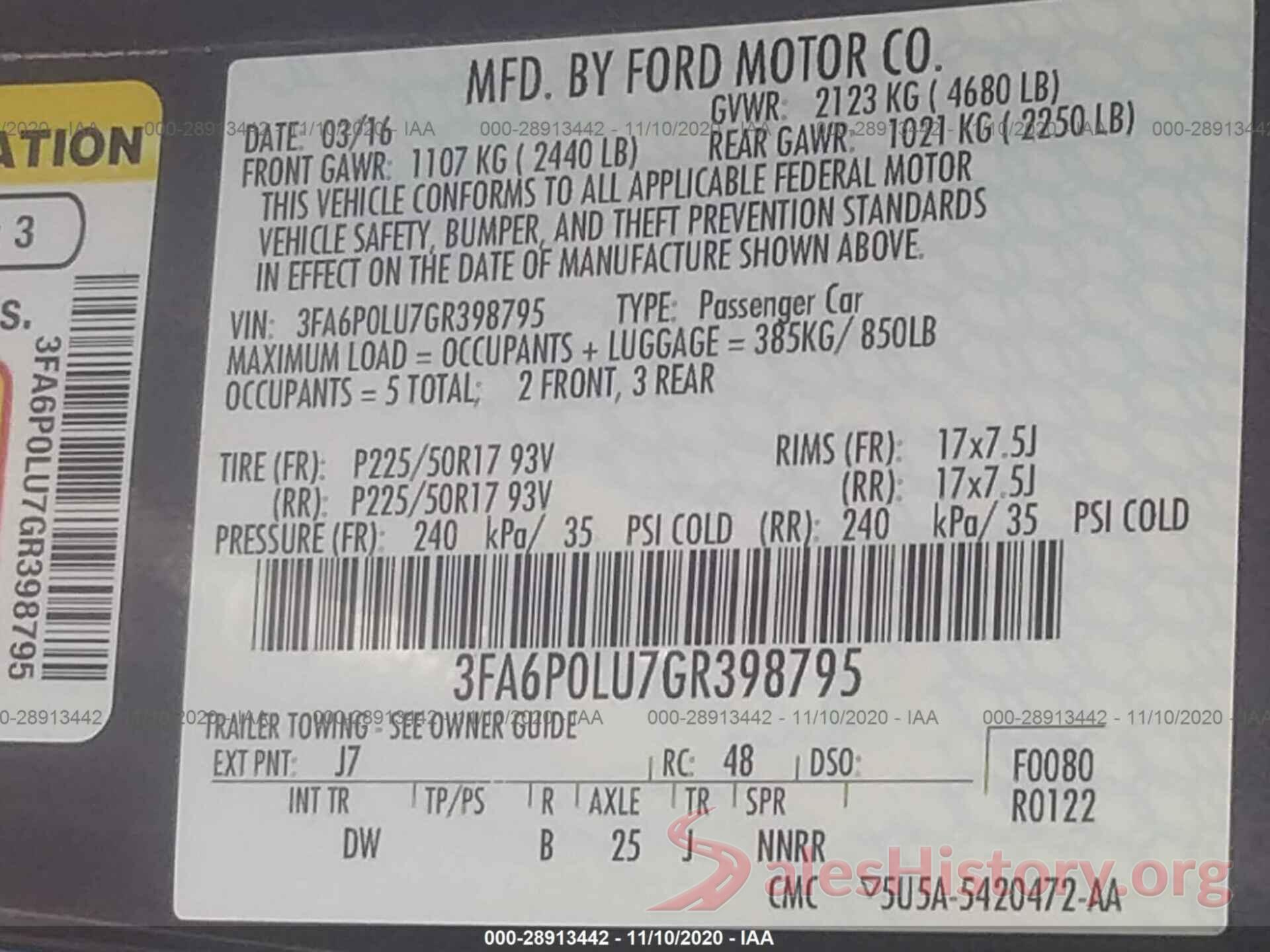 3FA6P0LU7GR398795 2016 FORD FUSION