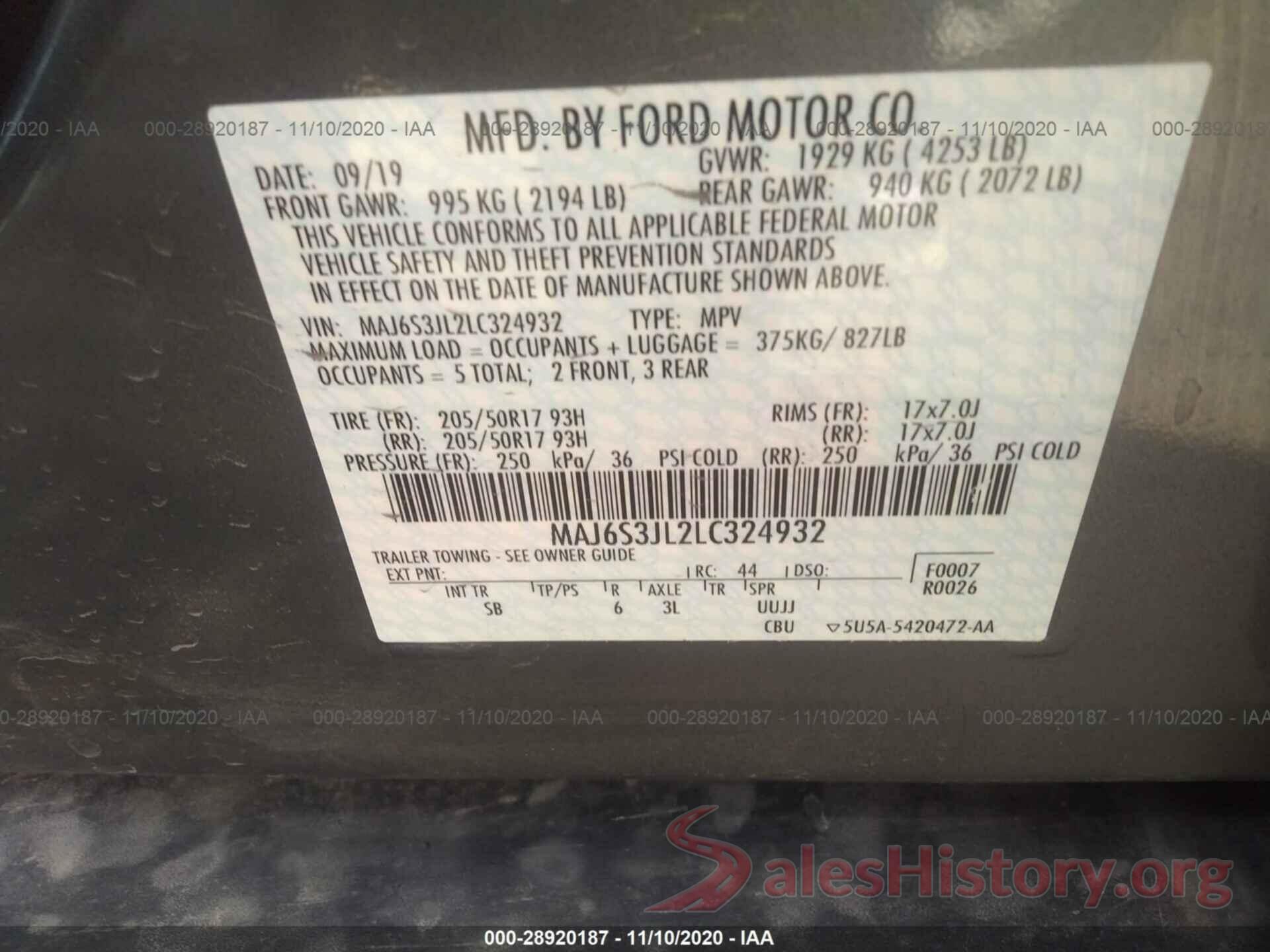 MAJ6S3JL2LC324932 2020 FORD ECOSPORT