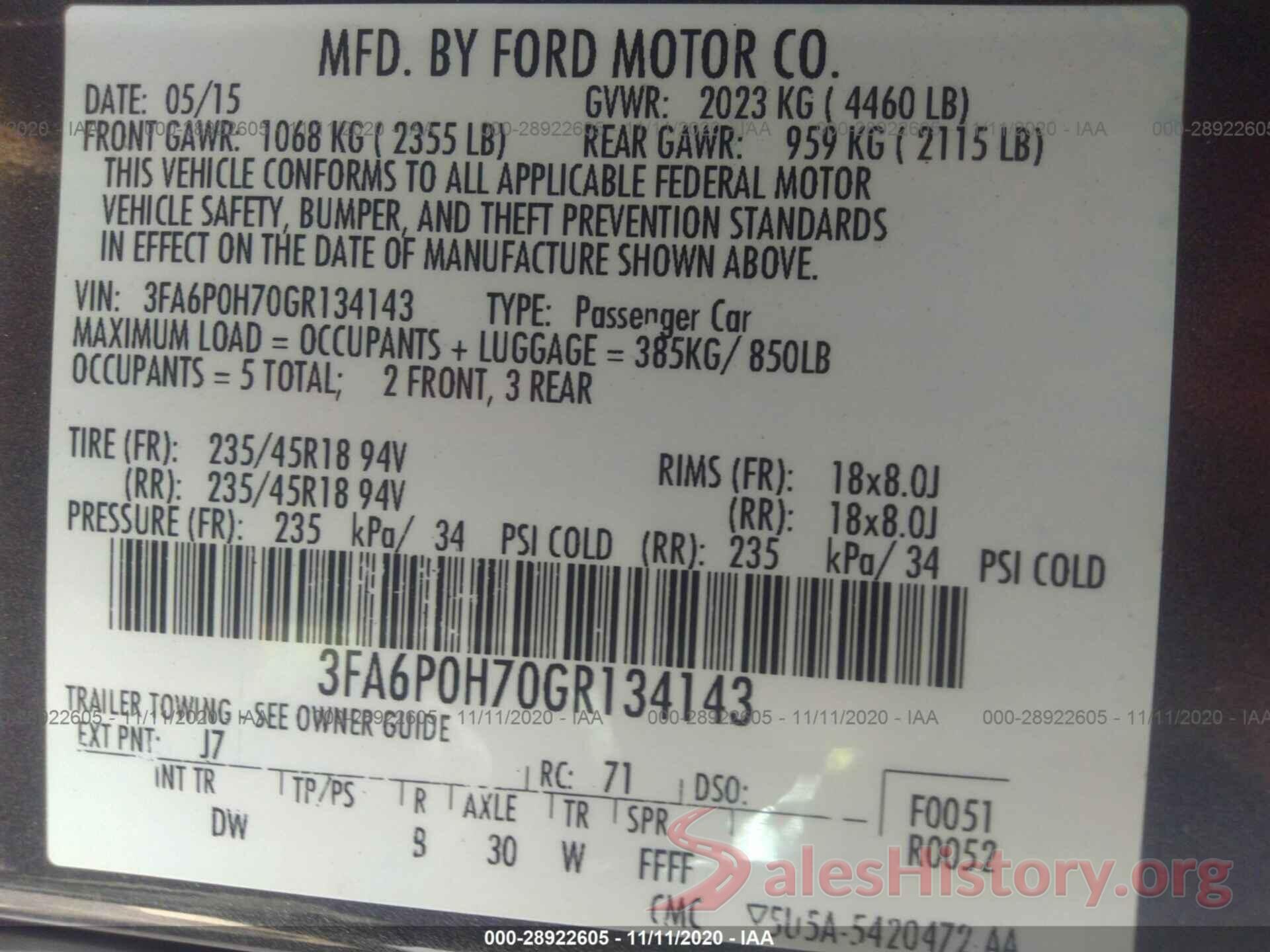 3FA6P0H70GR134143 2016 FORD FUSION