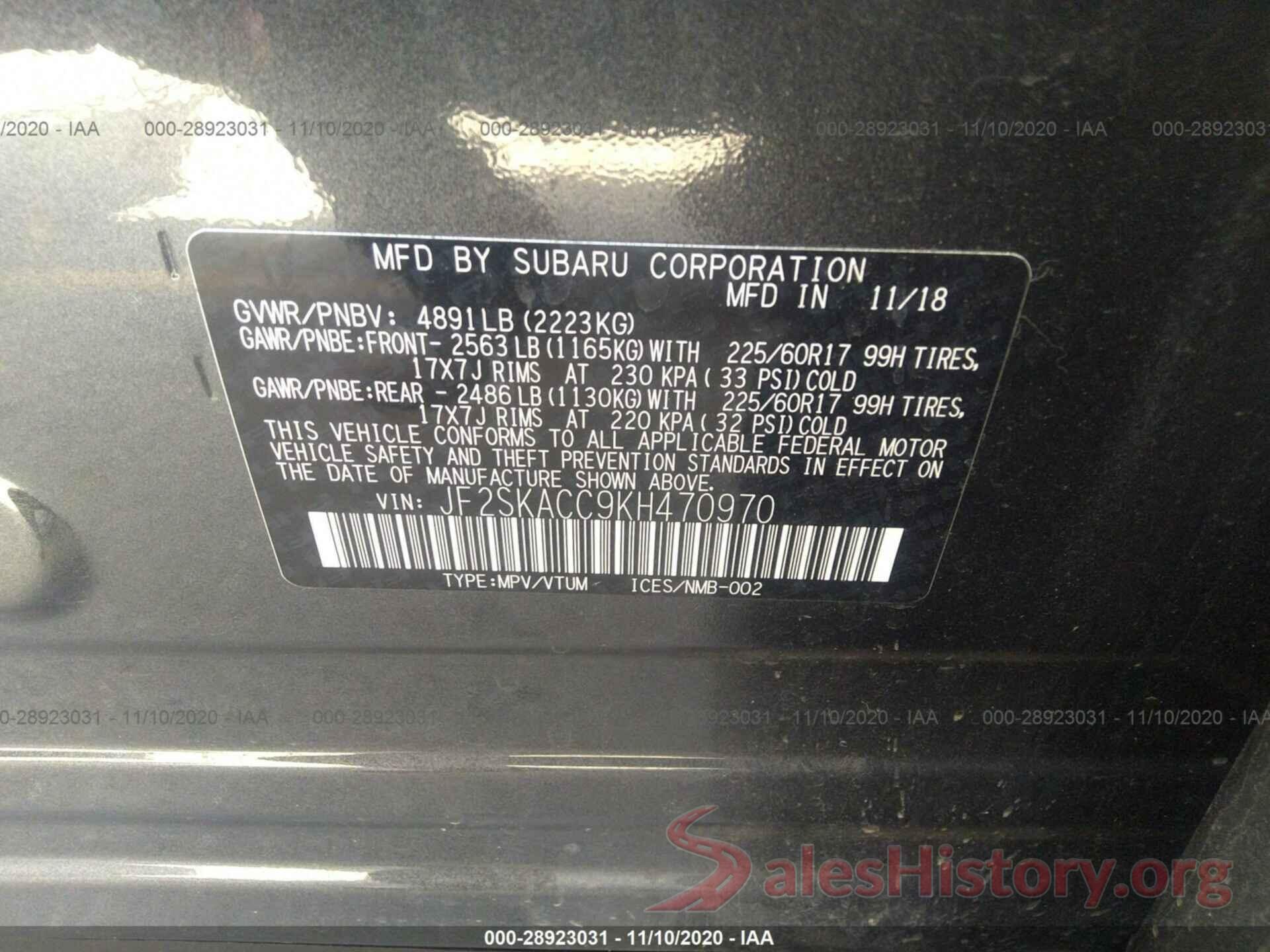 JF2SKACC9KH470970 2019 SUBARU FORESTER