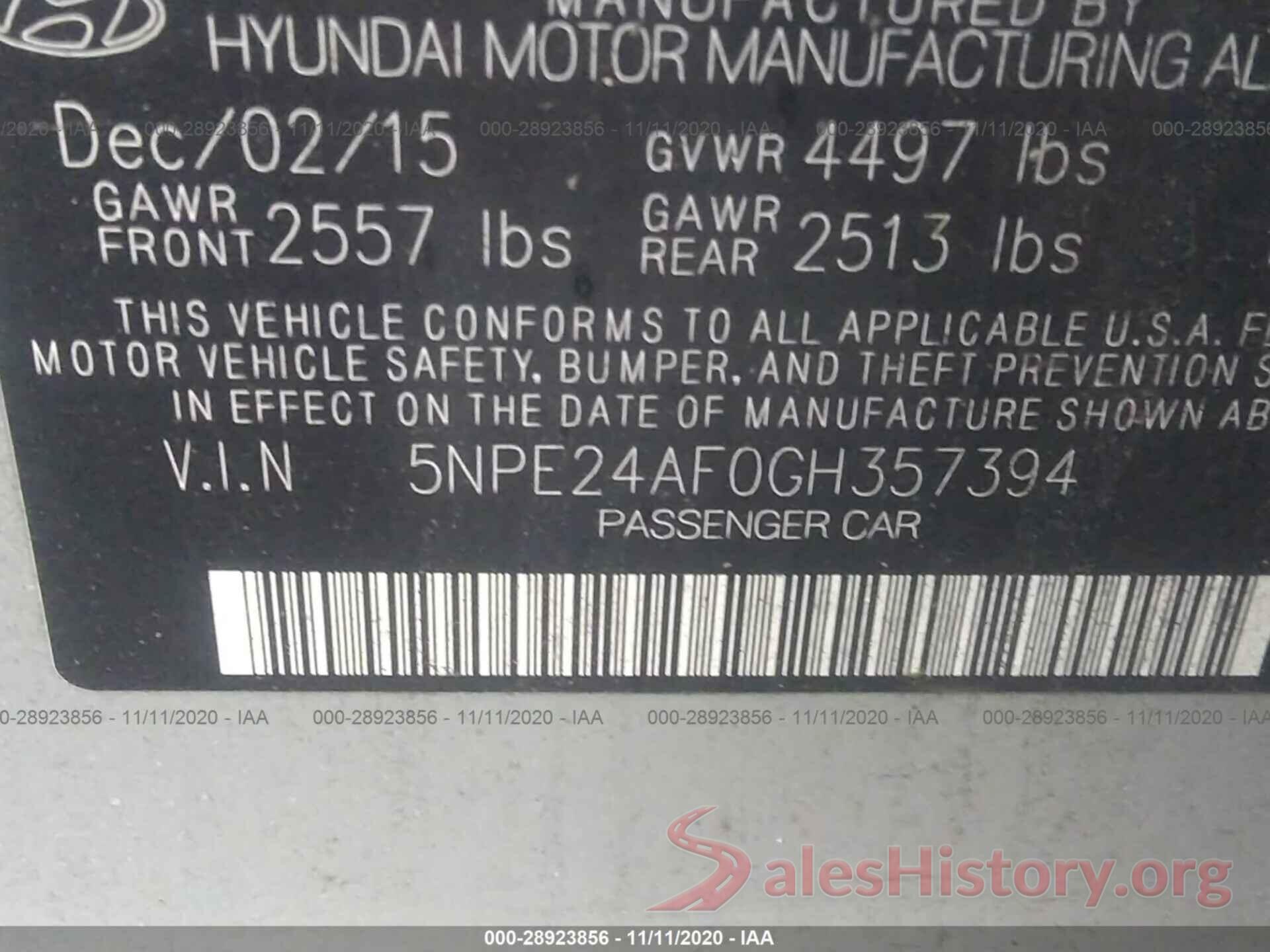 5NPE24AF0GH357394 2016 HYUNDAI SONATA