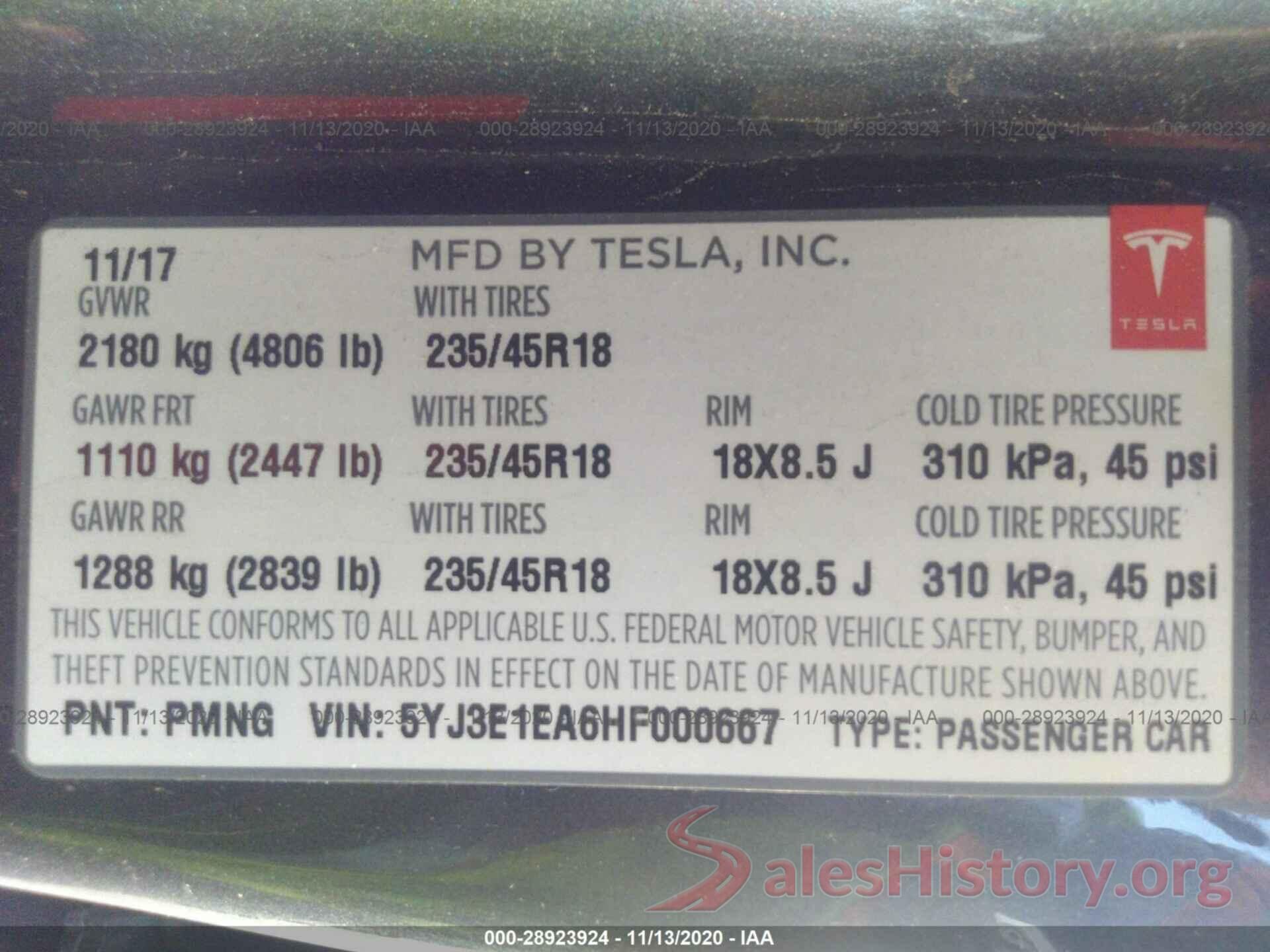 5YJ3E1EA6HF000667 2017 TESLA MODEL 3