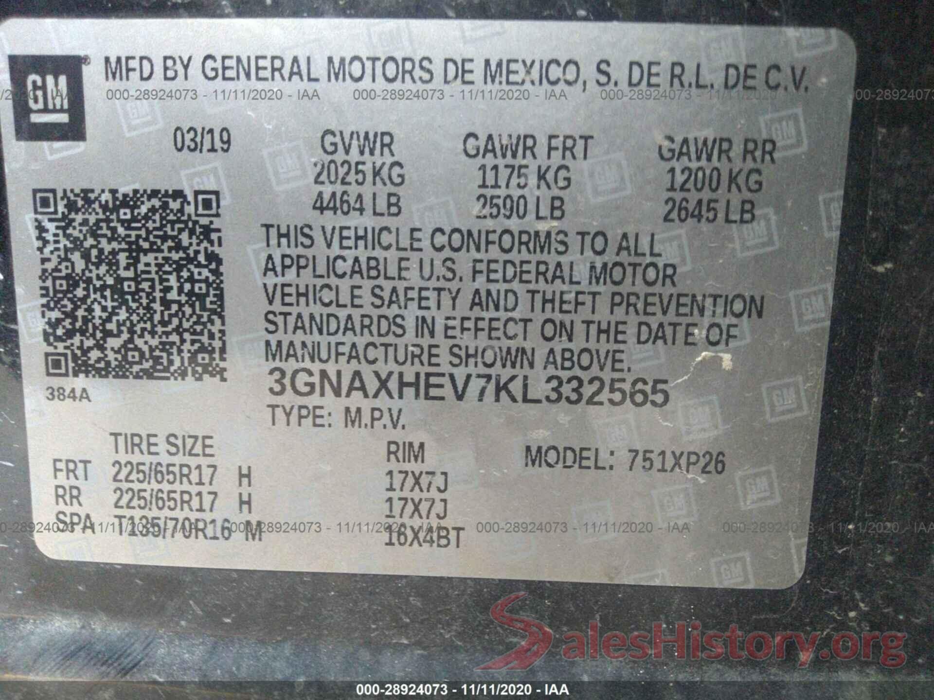 3GNAXHEV7KL332565 2019 CHEVROLET EQUINOX