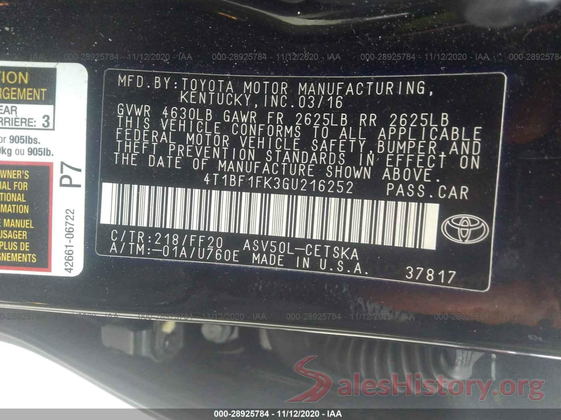 4T1BF1FK3GU216252 2016 TOYOTA CAMRY