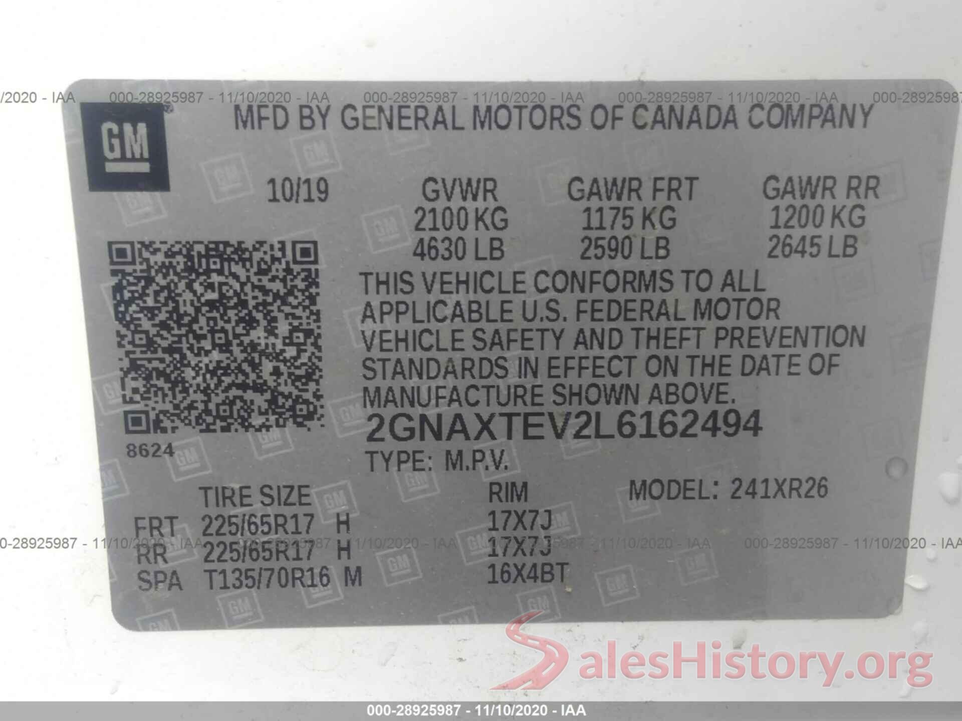 2GNAXTEV2L6162494 2020 CHEVROLET EQUINOX