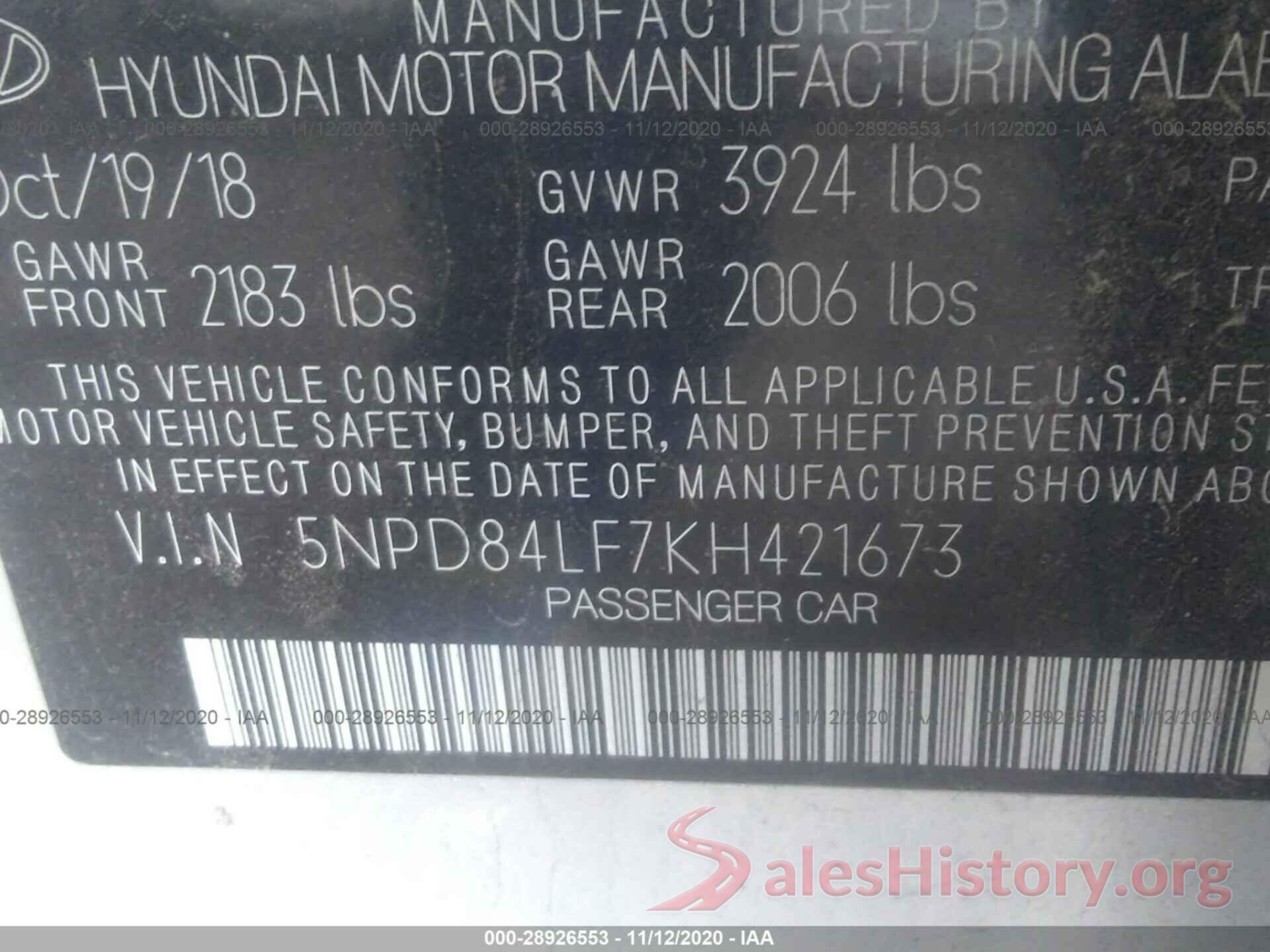 5NPD84LF7KH421673 2019 HYUNDAI ELANTRA