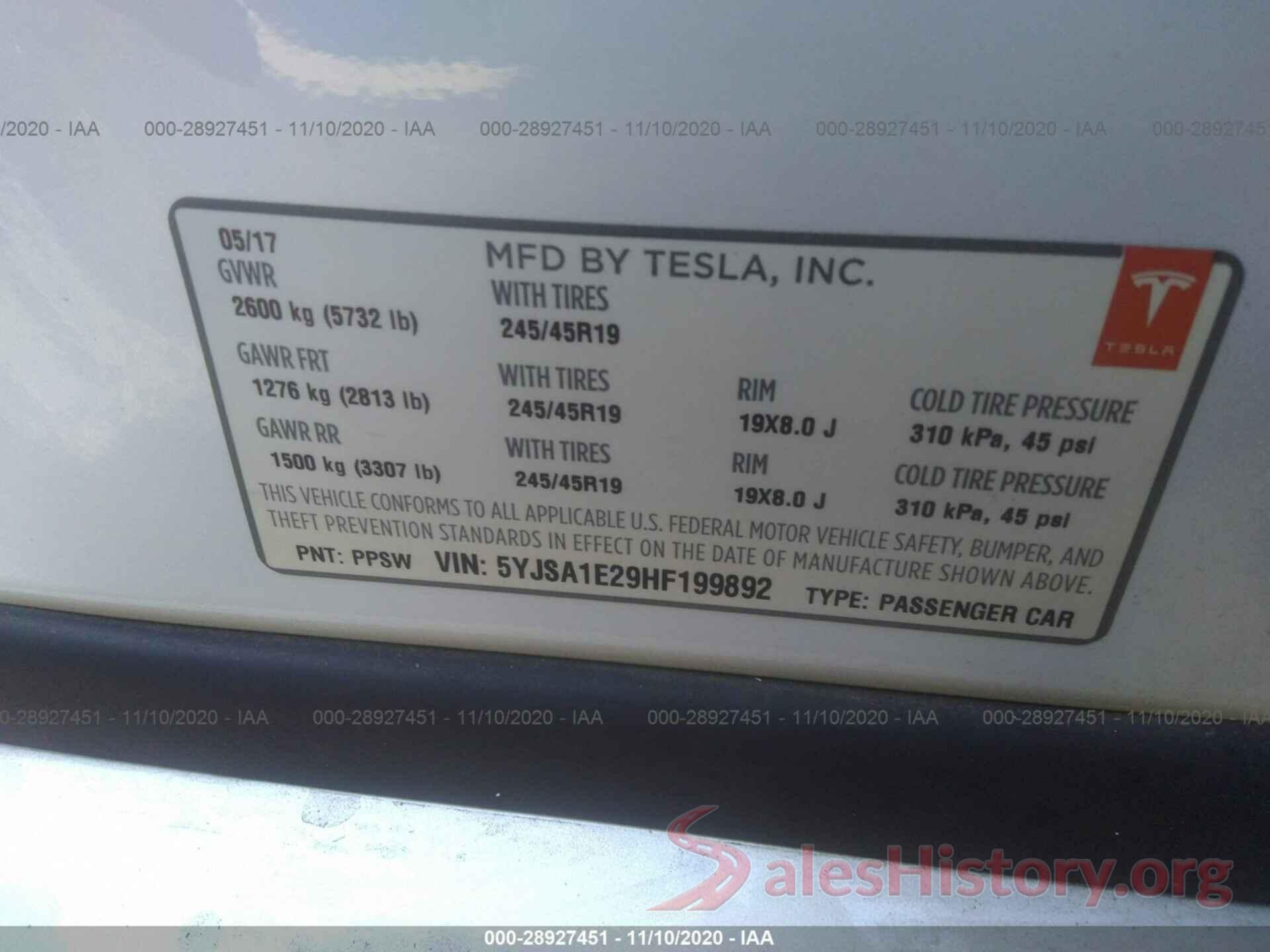 5YJSA1E29HF199892 2017 TESLA MODEL S