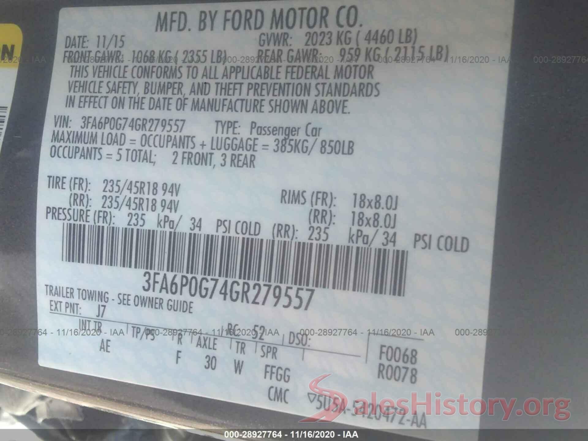 3FA6P0G74GR279557 2016 FORD FUSION