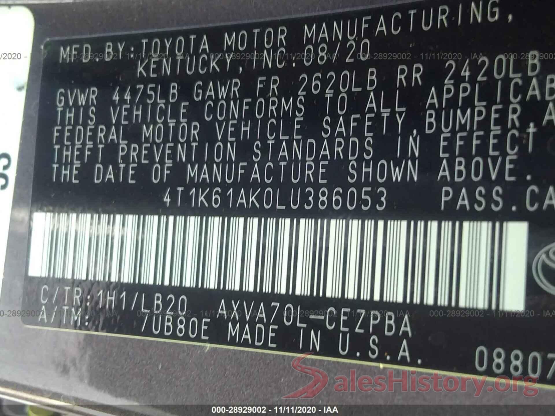 4T1K61AK0LU386053 2020 TOYOTA CAMRY