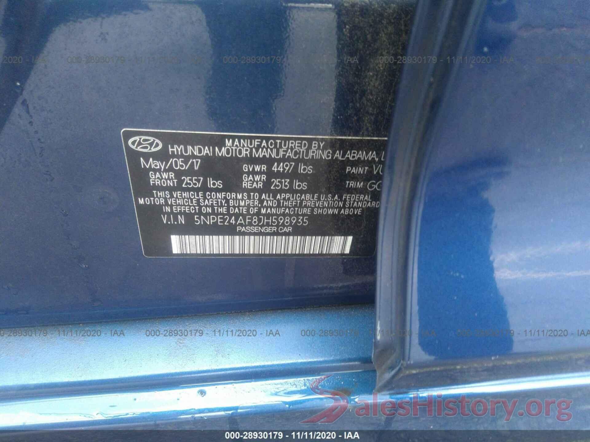 5NPE24AF8JH598935 2018 HYUNDAI SONATA