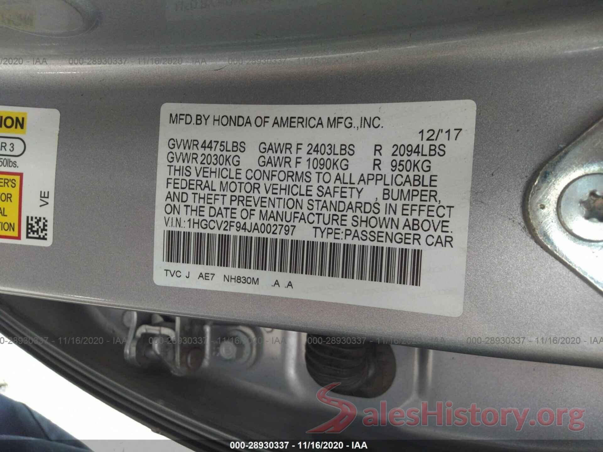 1HGCV2F94JA002797 2018 HONDA ACCORD SEDAN