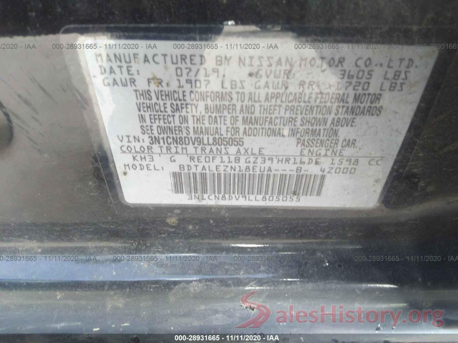 3N1CN8DV9LL805055 2020 NISSAN VERSA