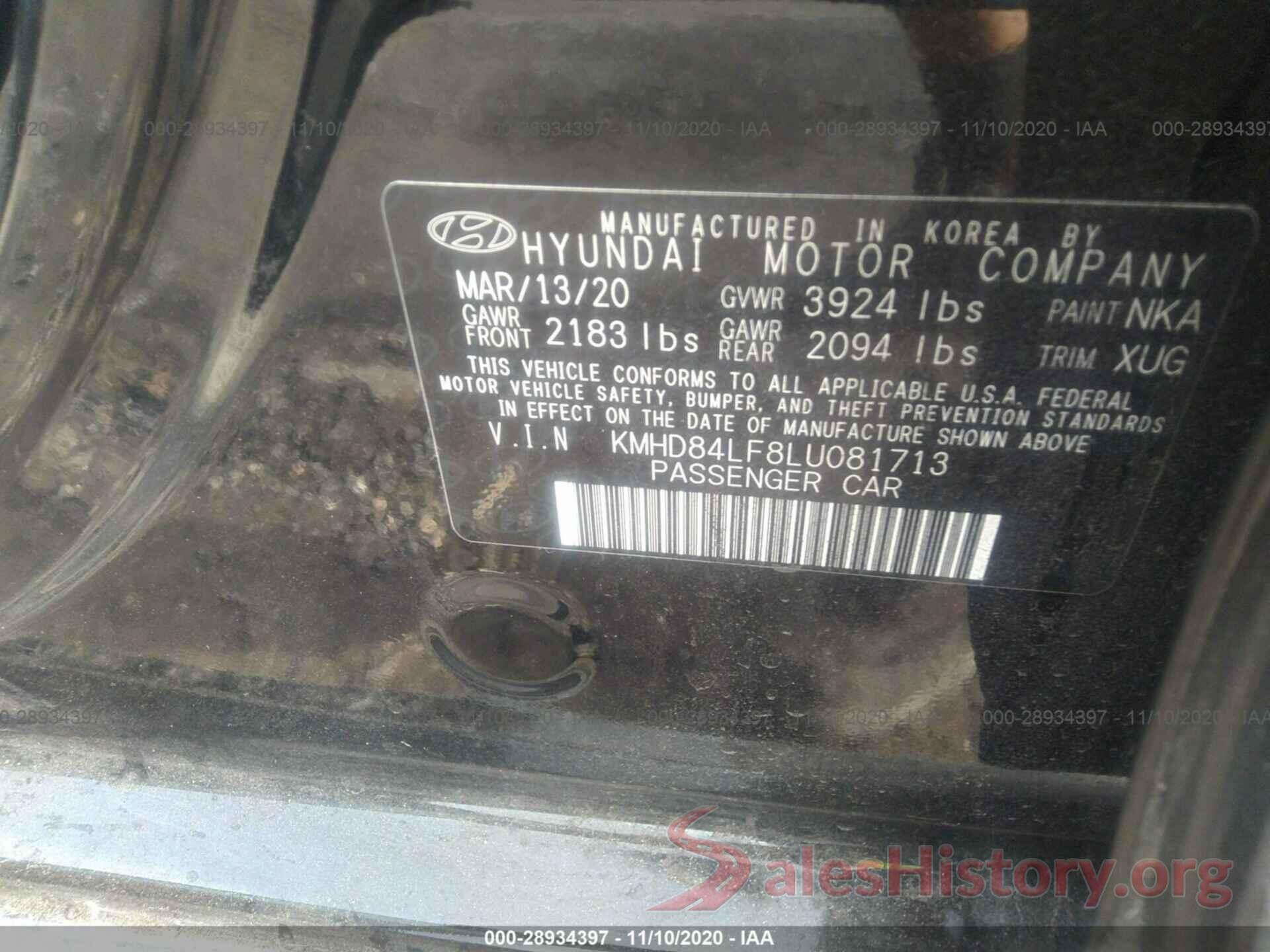 KMHD84LF8LU081713 2020 HYUNDAI ELANTRA