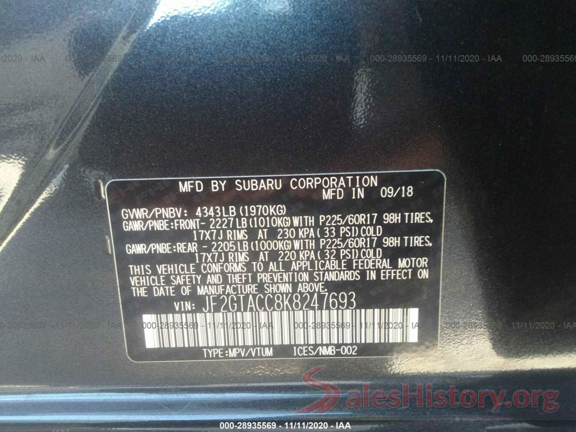 JF2GTACC8K8247693 2019 SUBARU CROSSTREK