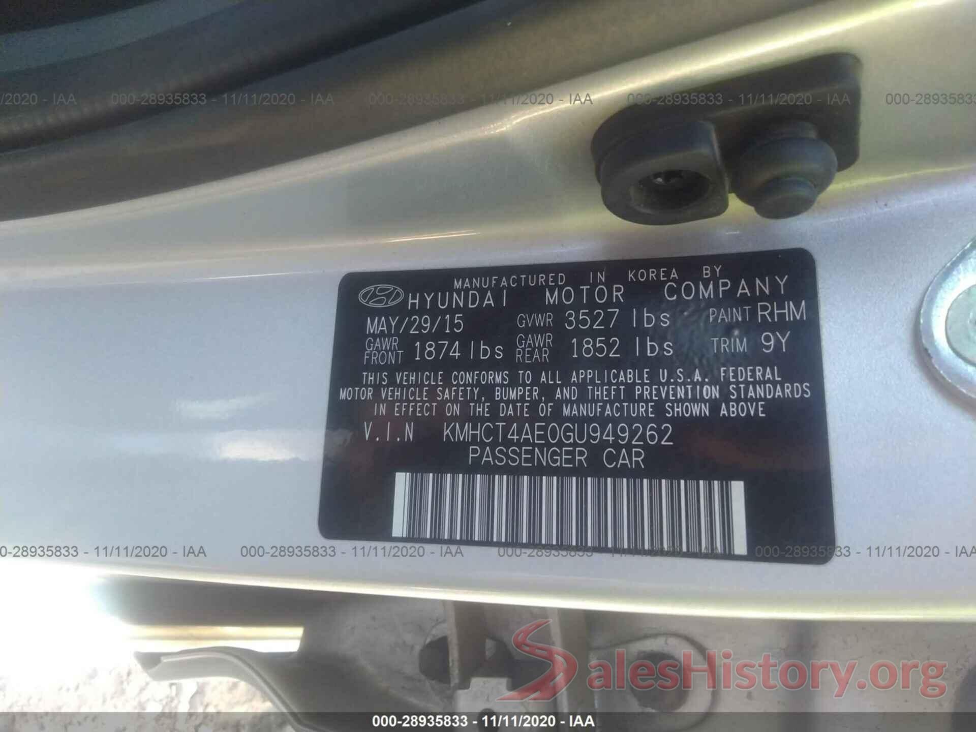 KMHCT4AE0GU949262 2016 HYUNDAI ACCENT