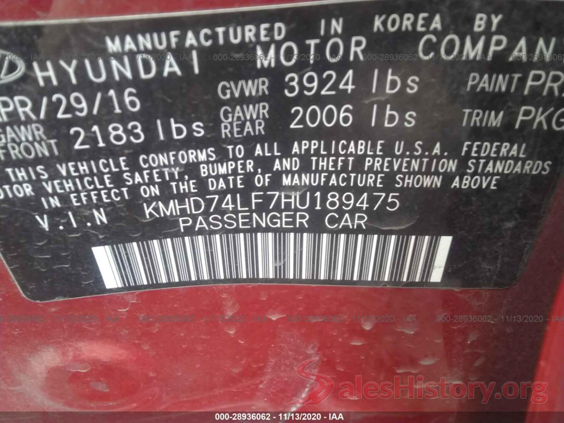 KMHD74LF7HU189475 2017 HYUNDAI ELANTRA