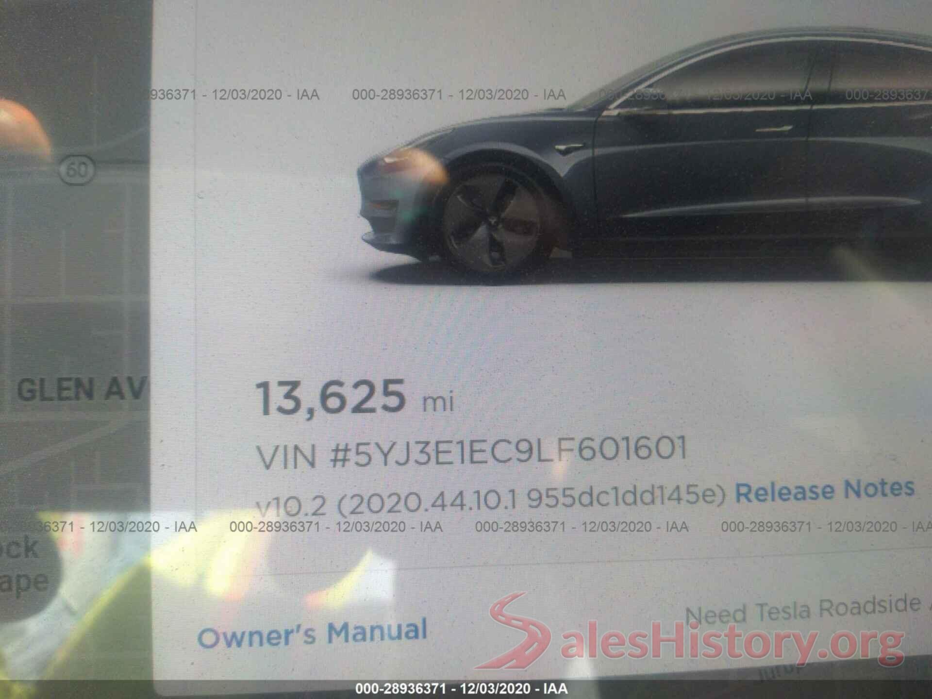 5YJ3E1EC9LF601601 2020 TESLA MODEL 3