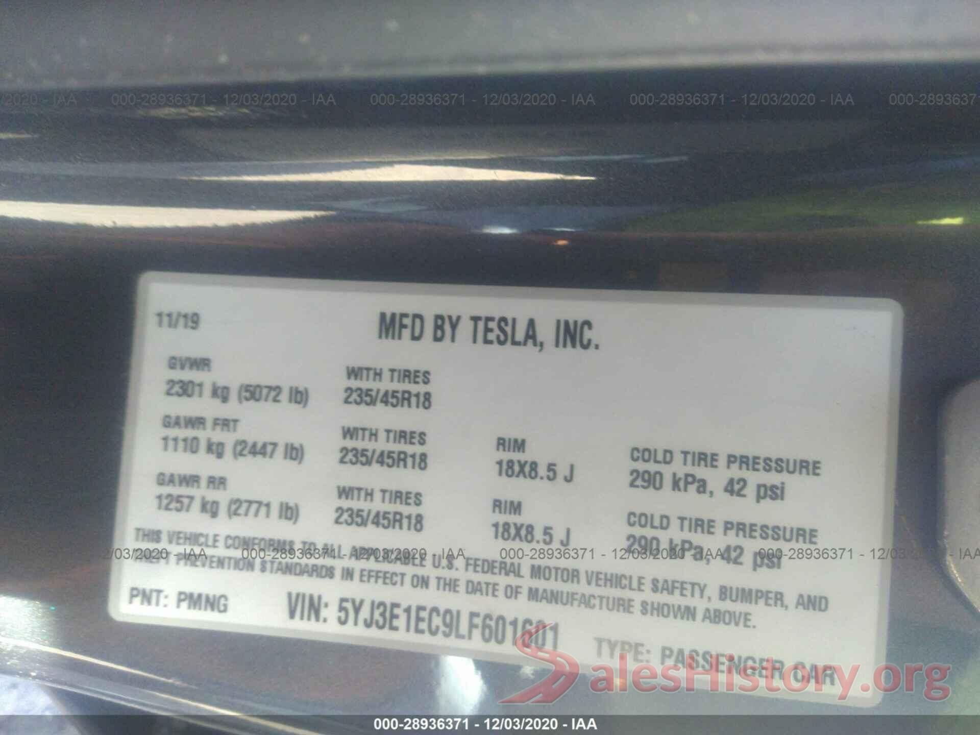 5YJ3E1EC9LF601601 2020 TESLA MODEL 3