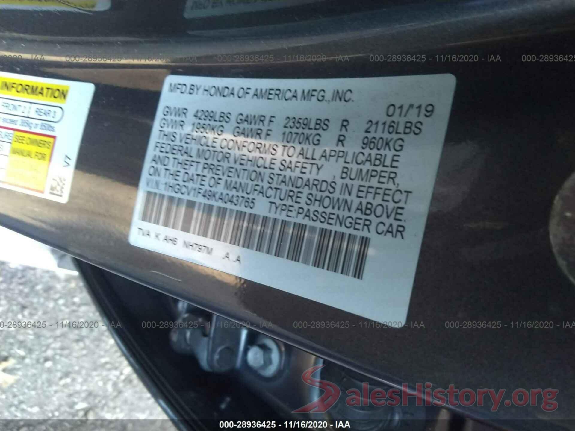 1HGCV1F49KA043765 2019 HONDA ACCORD SEDAN