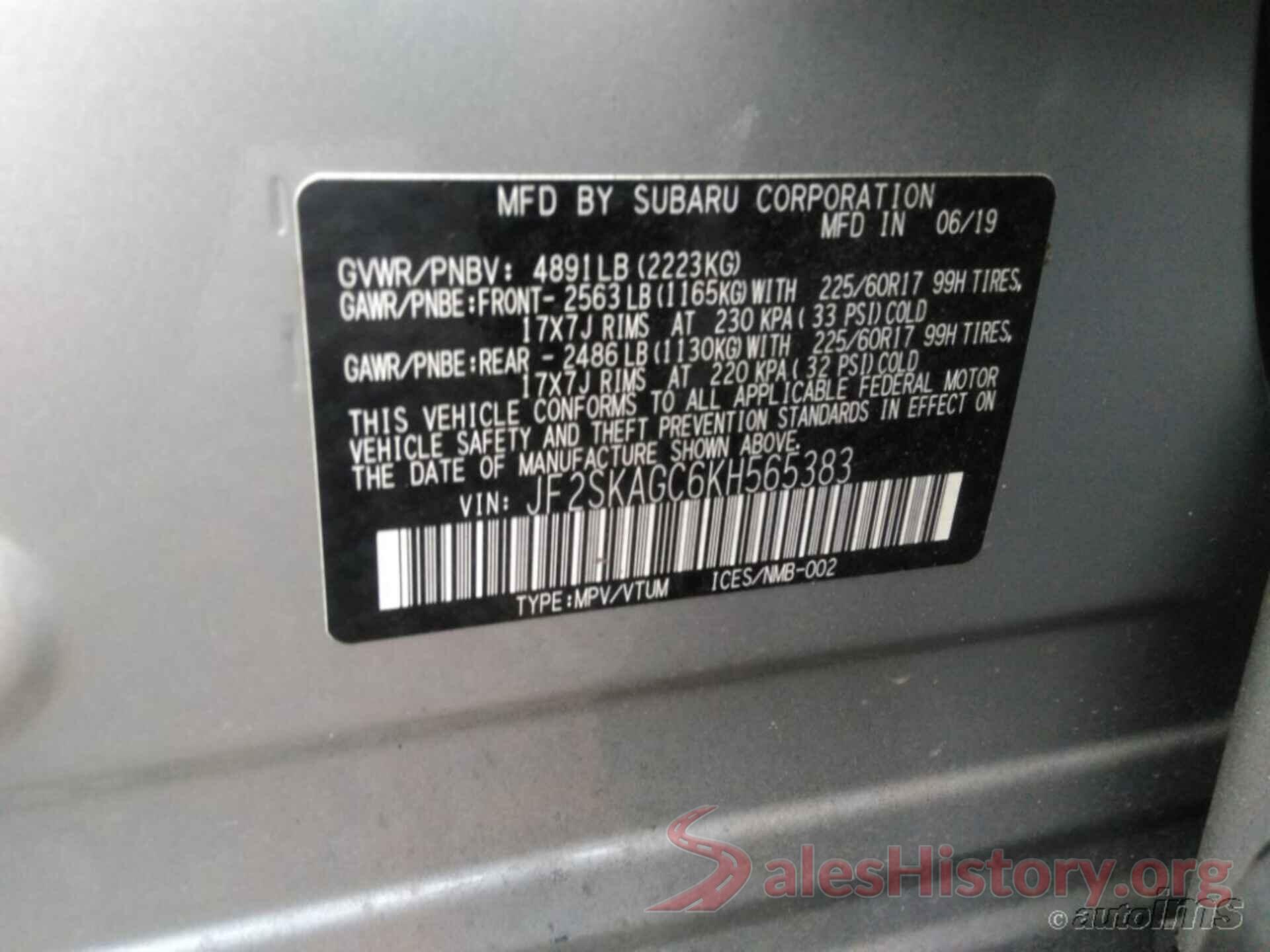 JF2SKAGC6KH565383 2019 SUBARU FORESTER