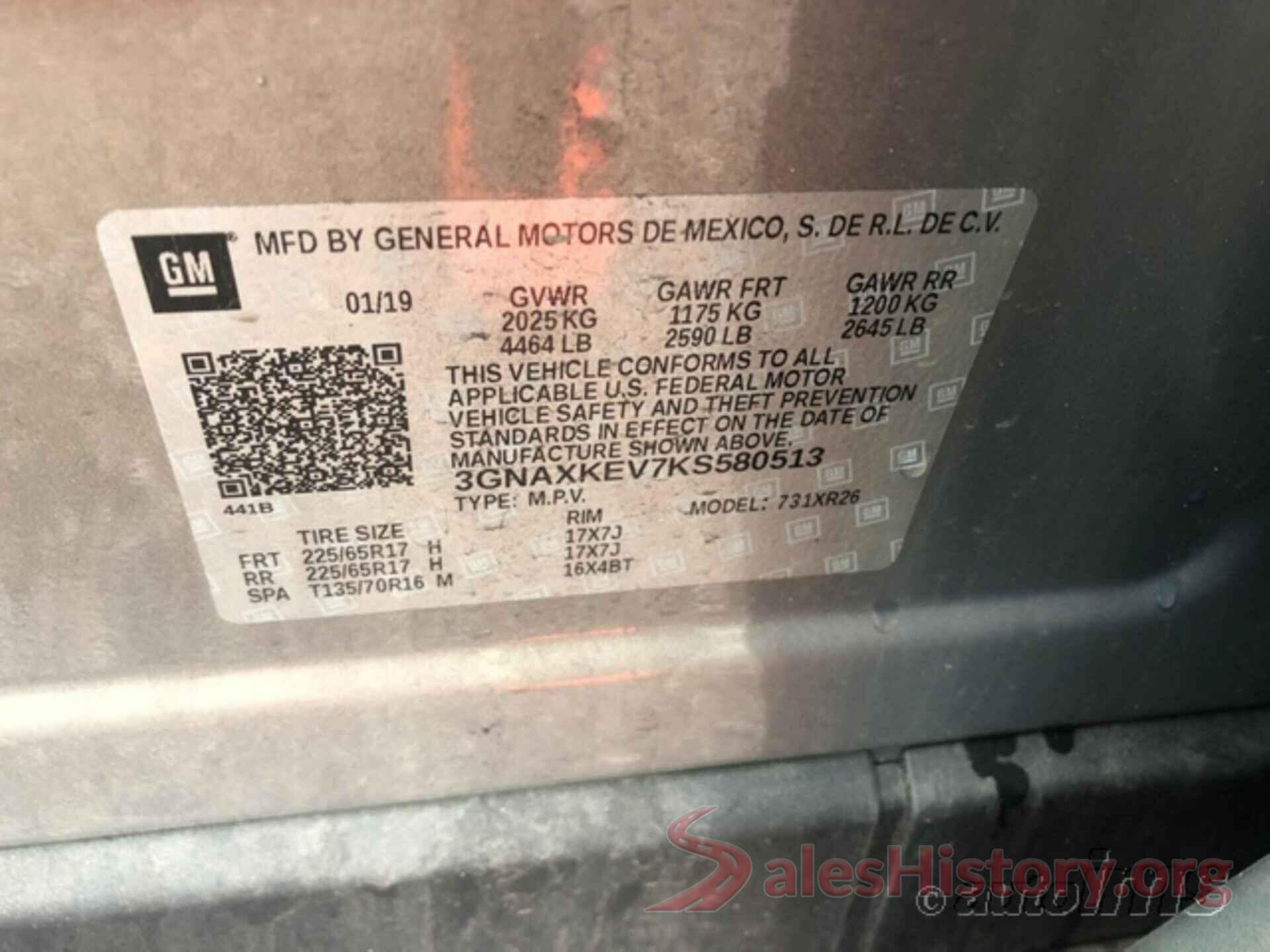 3GNAXKEV7KS580513 2019 CHEVROLET EQUINOX